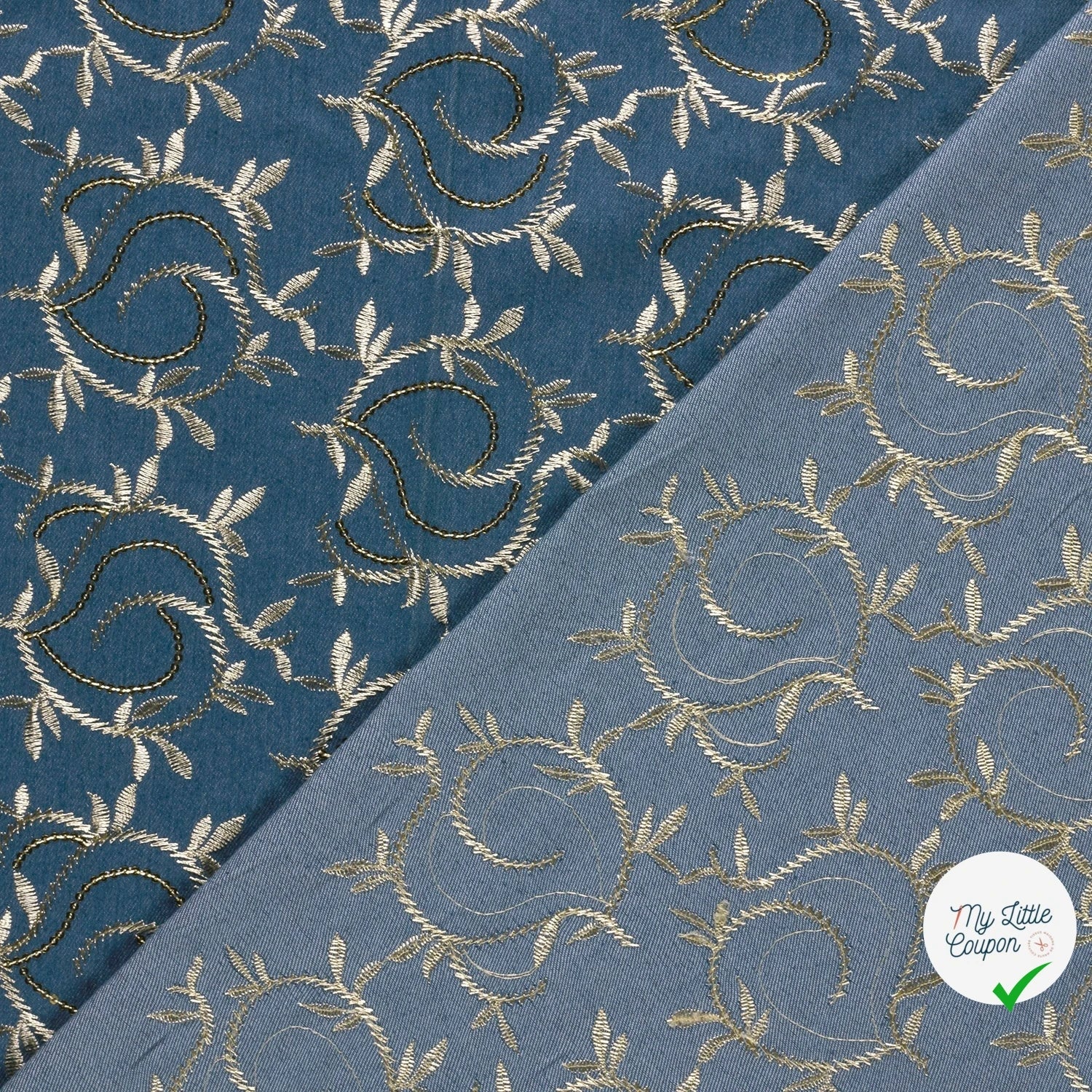 JEAN BRODÉ FEUILLES INDIGO 70% COTON - My Little Coupon