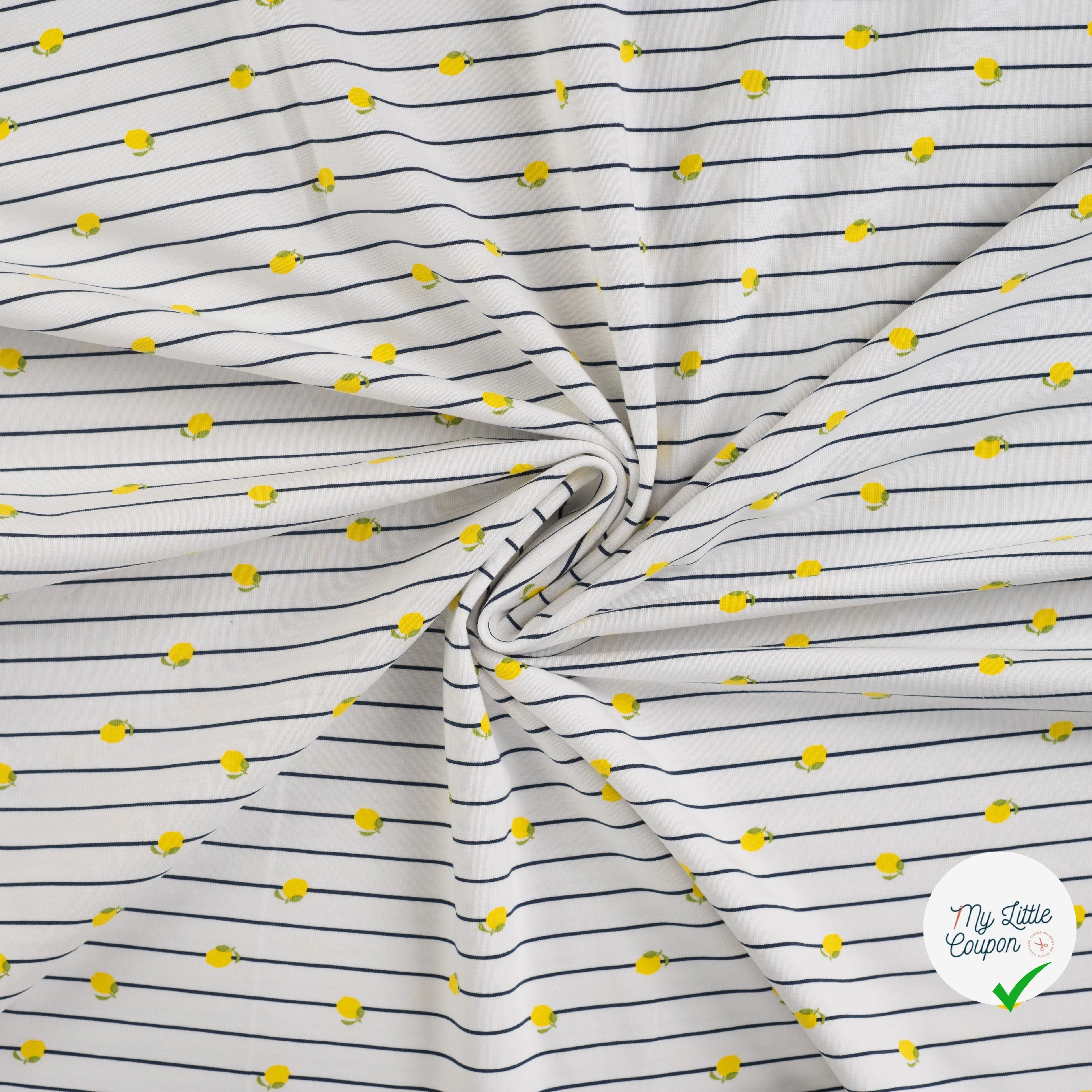 JERSEY COTON 5% ELASTHANNE MOTIFS CITRONS À RAYURES - My Little Coupon