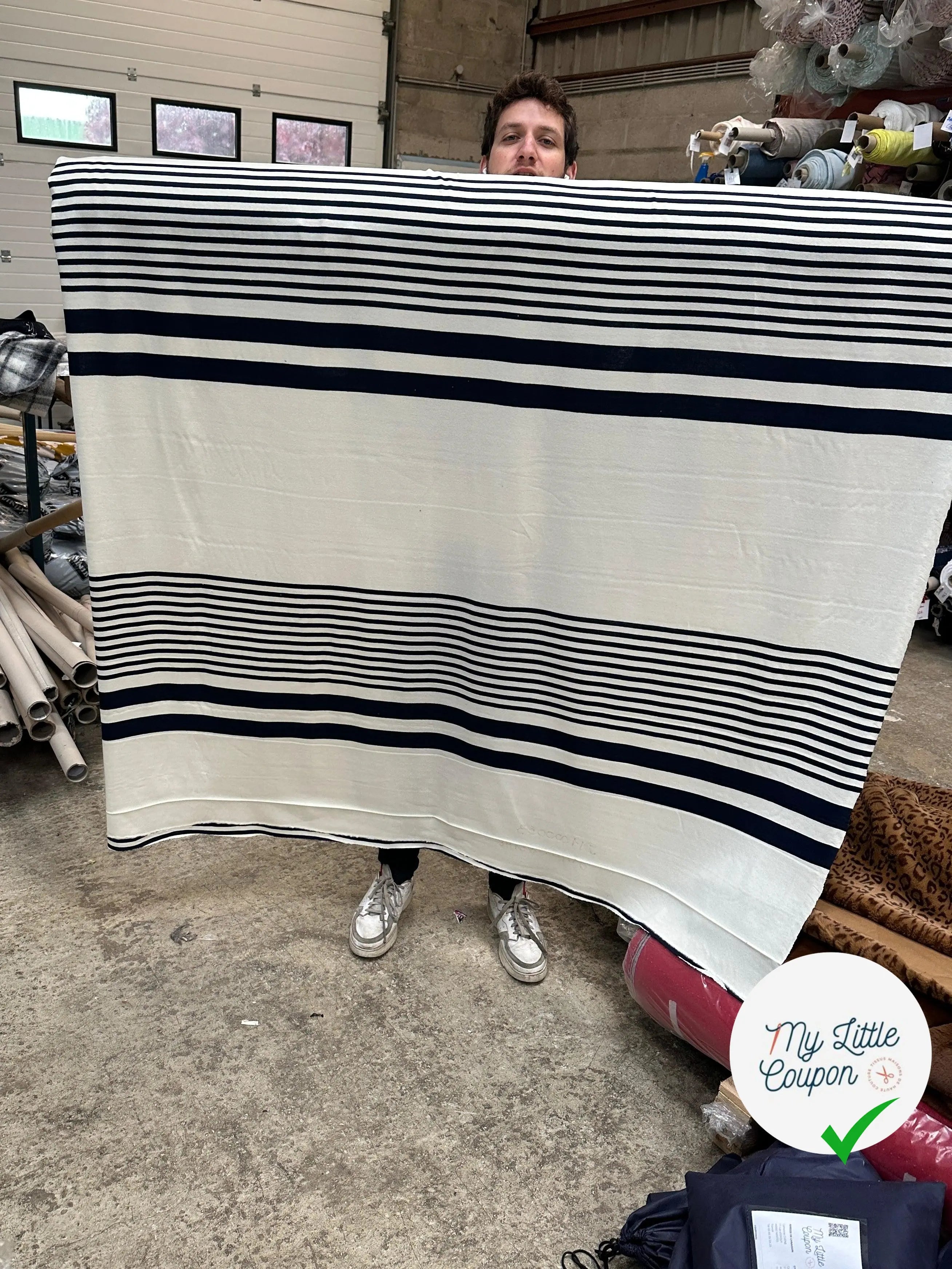 JERSEY COTON BLANC DIFFÉRENTES RAYURES BLEUES - My Little Coupon - tissu - coudre