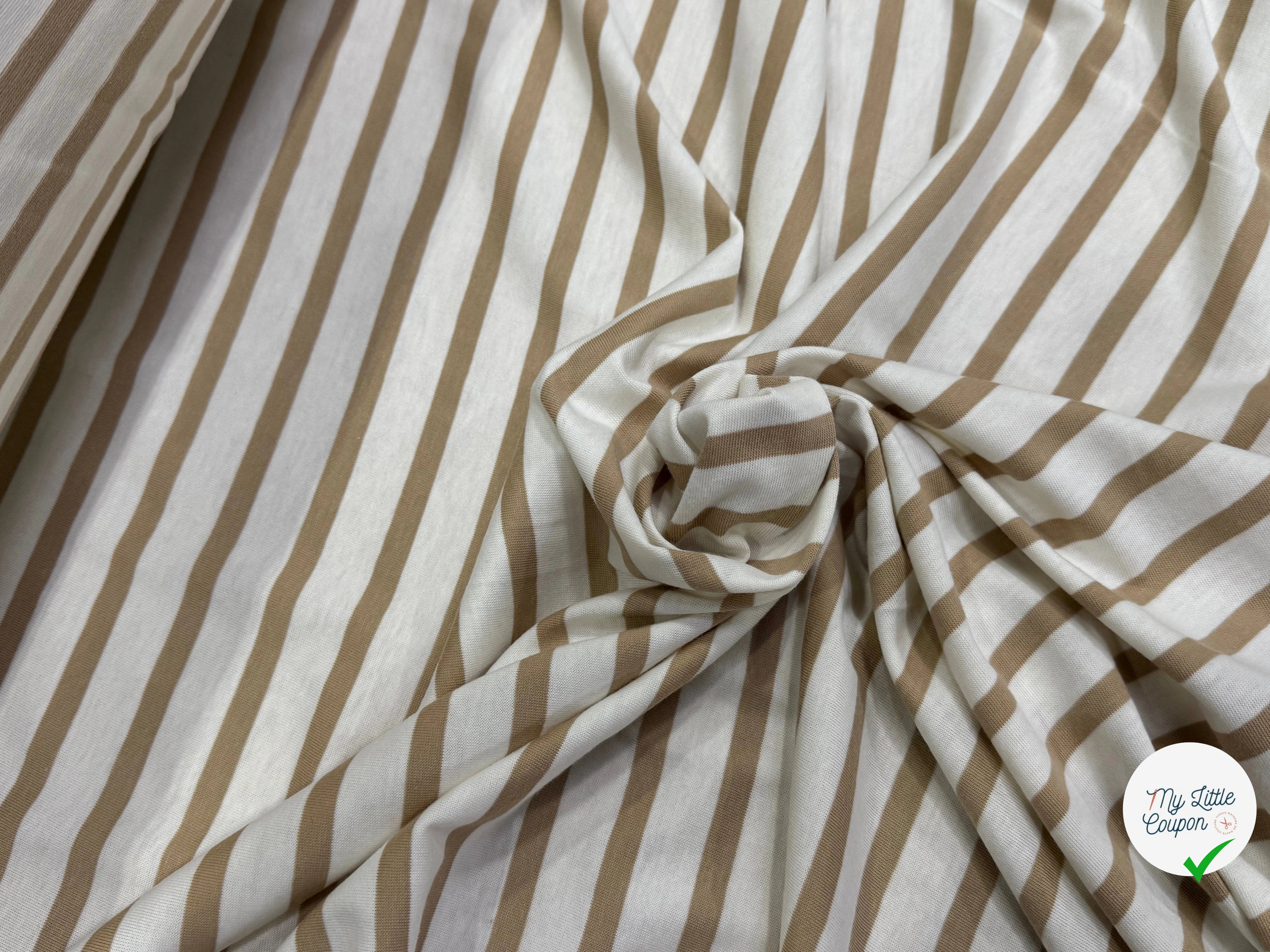 JERSEY DE COTON DOUX STRETCH RAYURES BLANC CASSÉ ET CAFÉ LATTE FABRICATION RÉGION DE TROYES 🇫🇷 - My Little Coupon