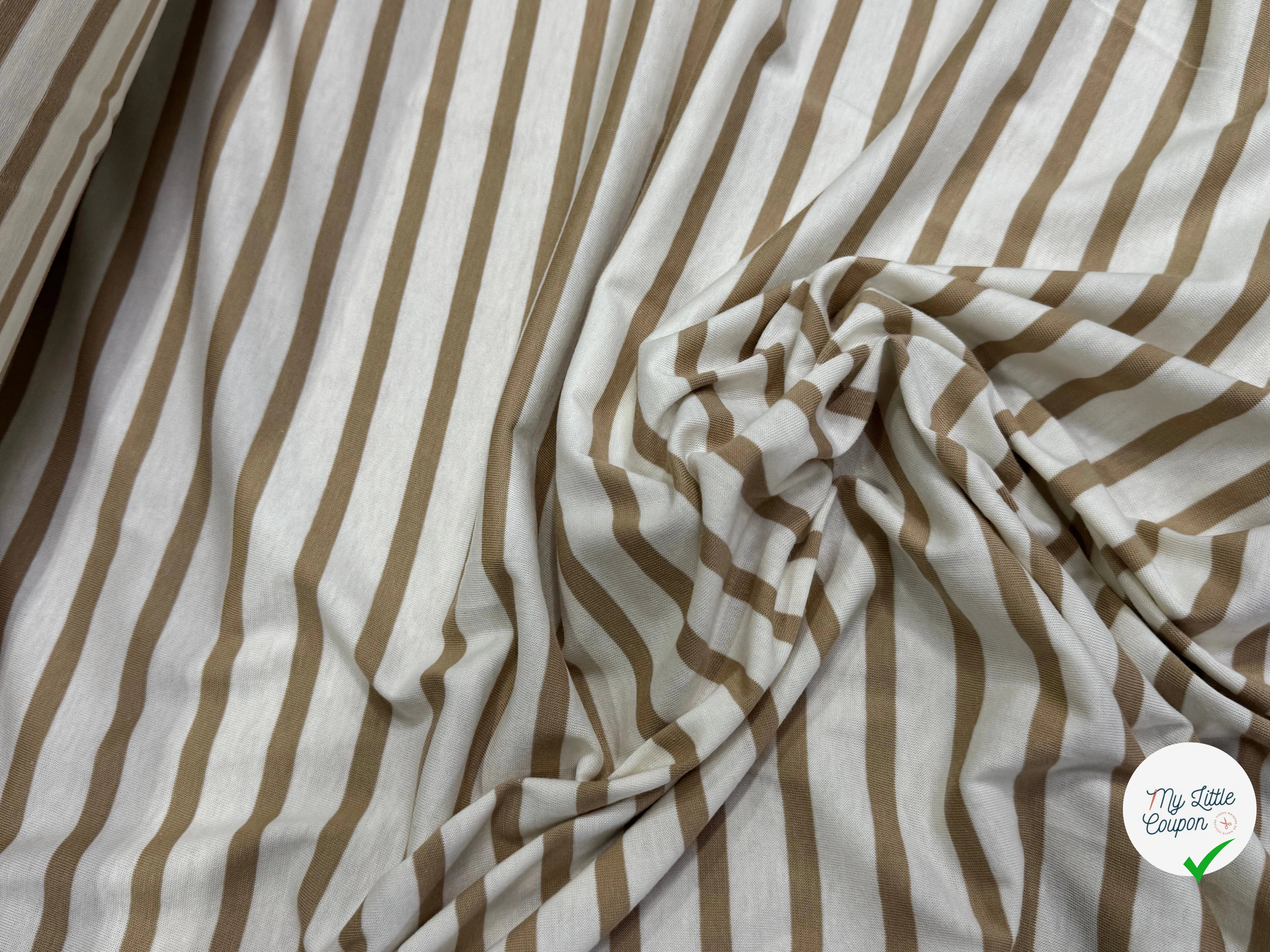 JERSEY DE COTON DOUX STRETCH RAYURES BLANC CASSÉ ET CAFÉ LATTE FABRICATION RÉGION DE TROYES 🇫🇷 - My Little Coupon