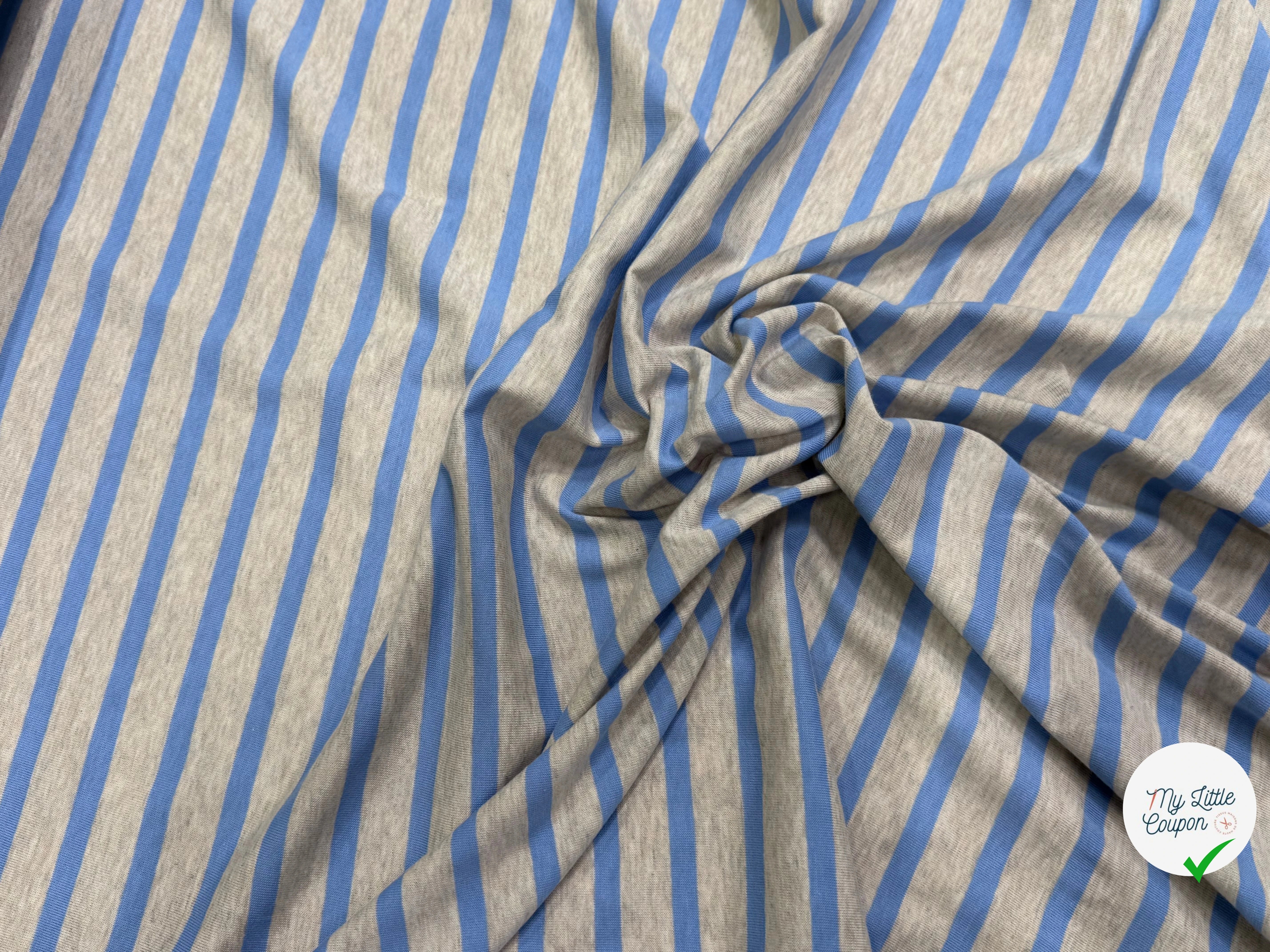 JERSEY DE COTON DOUX STRETCH RAYURES BLEU BÉBÉ ET GRIS FABRICATION RÉGION DE TROYES 🇫🇷 - My Little Coupon