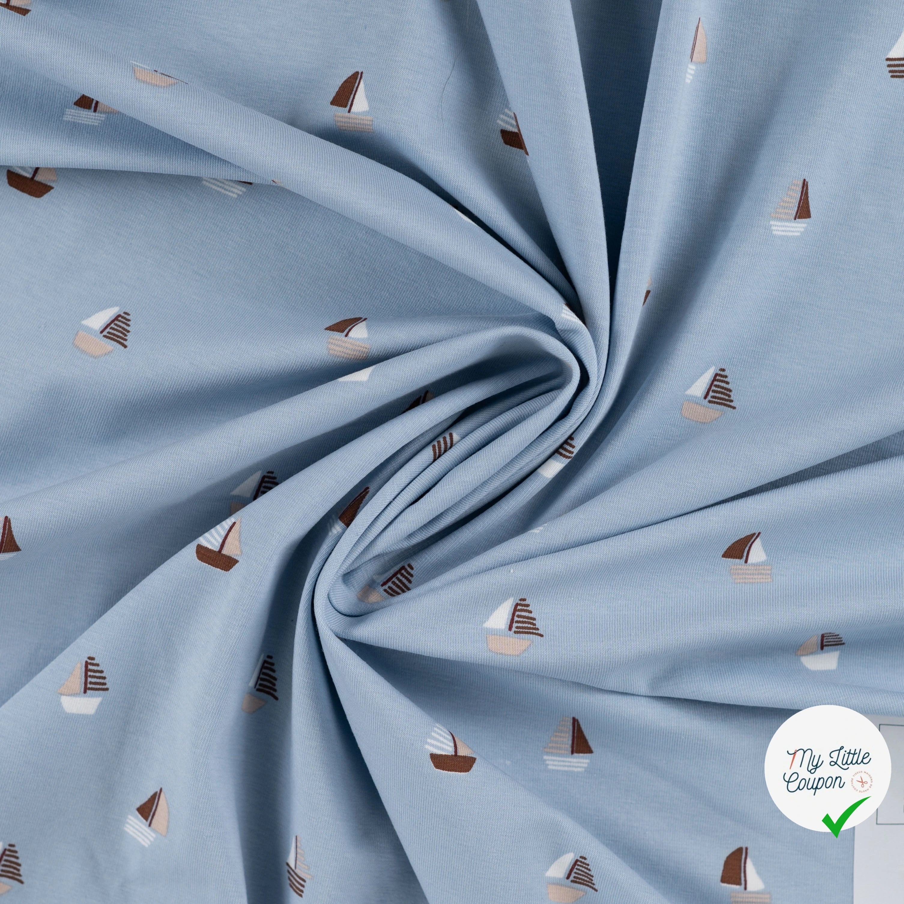 JERSEY DE COTON IMPRIMÉ BATEAUX FOND BLEU GRISÉ - My Little Coupon