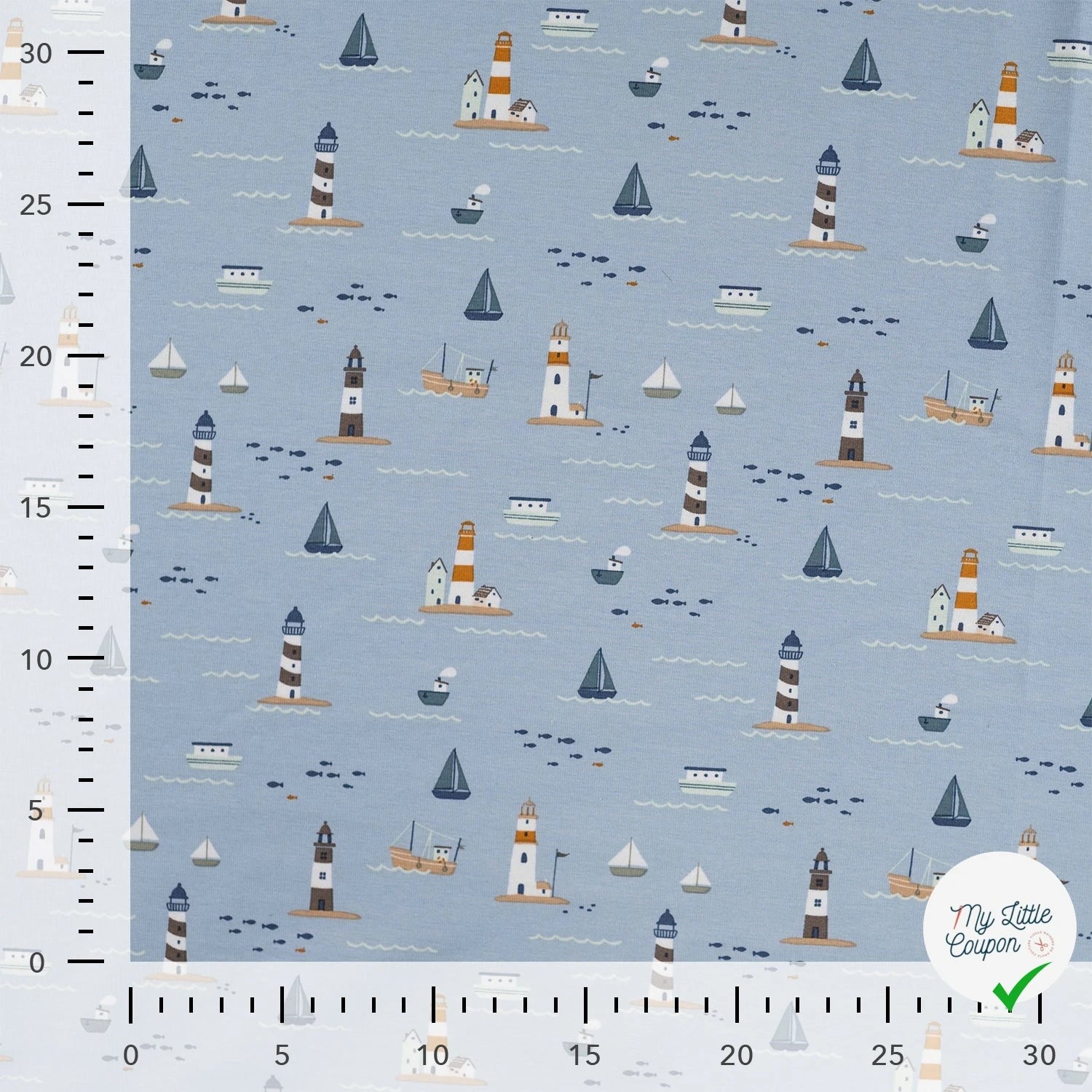 JERSEY DE COTON IMPRIMÉ BATEAUX MARINS FOND BLEU GRISÉ - My Little Coupon
