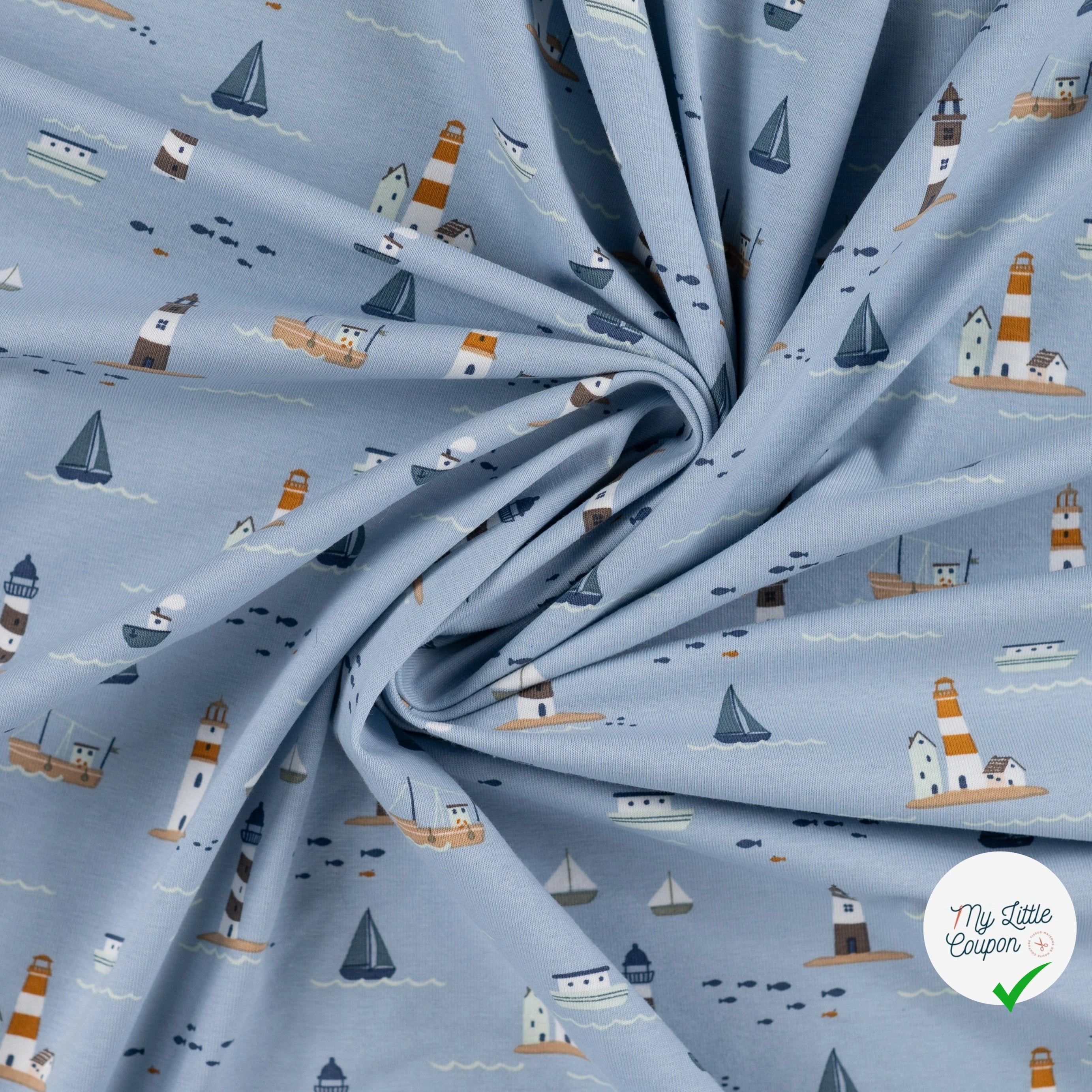 JERSEY DE COTON IMPRIMÉ BATEAUX MARINS FOND BLEU GRISÉ - My Little Coupon