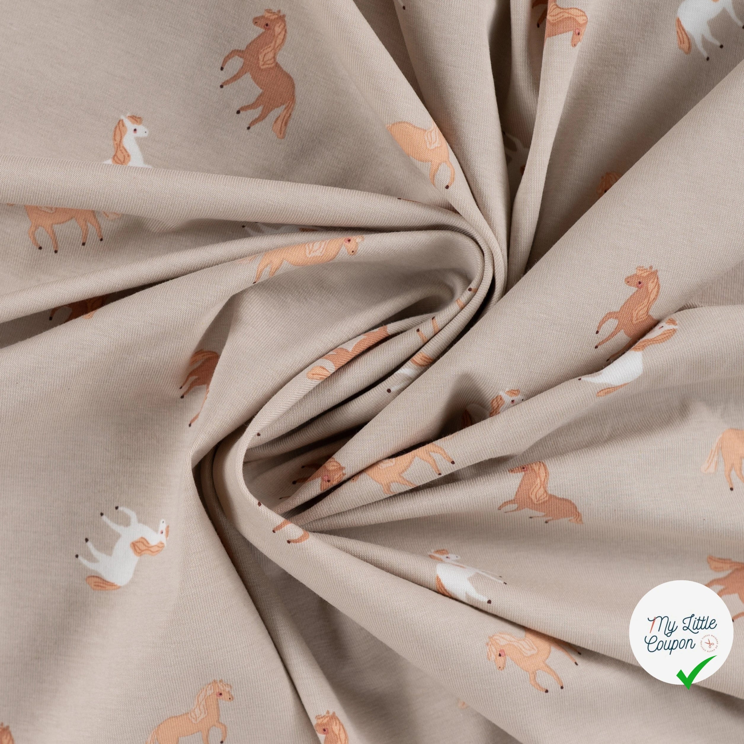 JERSEY DE COTON IMPRIMÉ CHEVAUX FOND SABLE - My Little Coupon