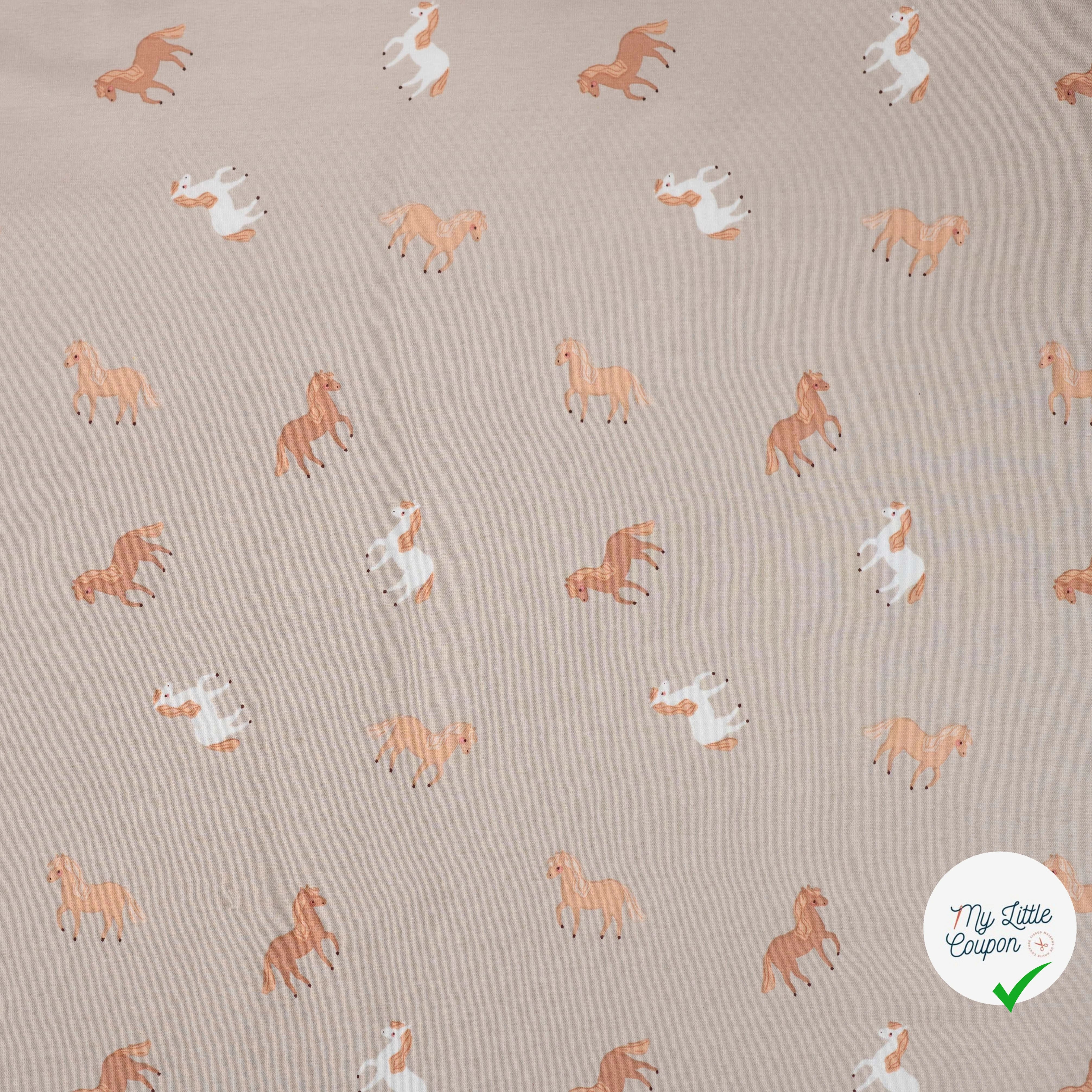 JERSEY DE COTON IMPRIMÉ CHEVAUX FOND SABLE - My Little Coupon