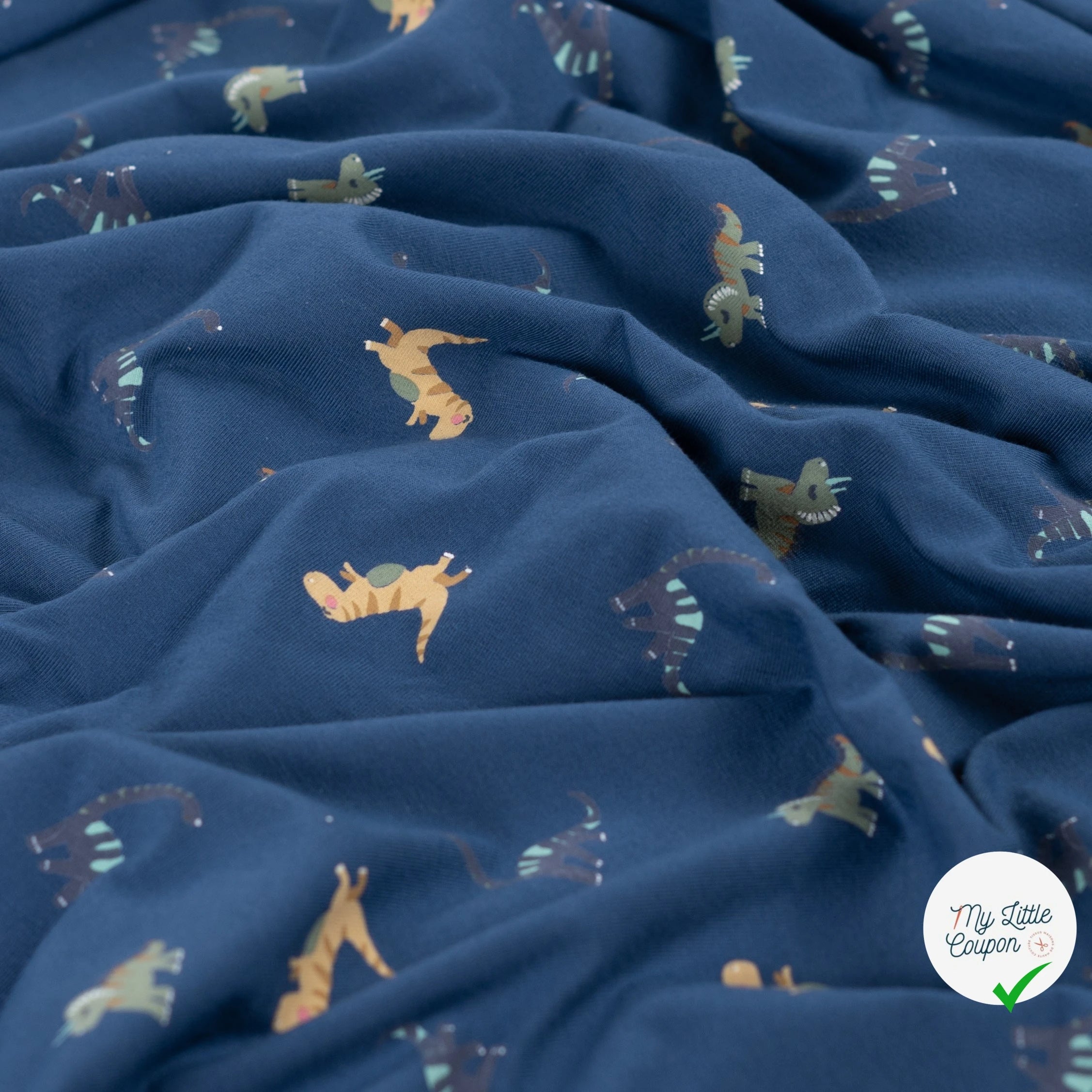 JERSEY DE COTON IMPRIMÉ DINOSAURES FOND DENIM - My Little Coupon