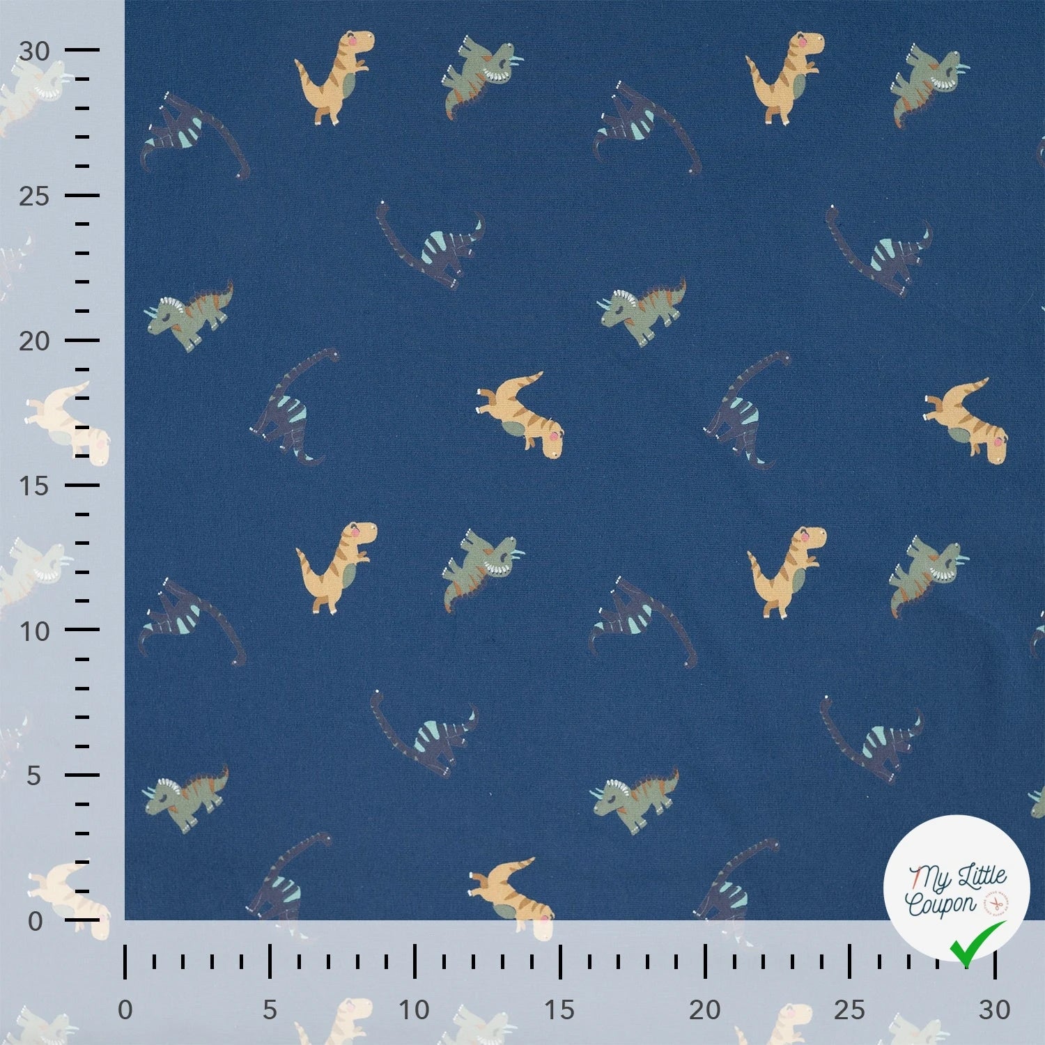 JERSEY DE COTON IMPRIMÉ DINOSAURES FOND DENIM - My Little Coupon