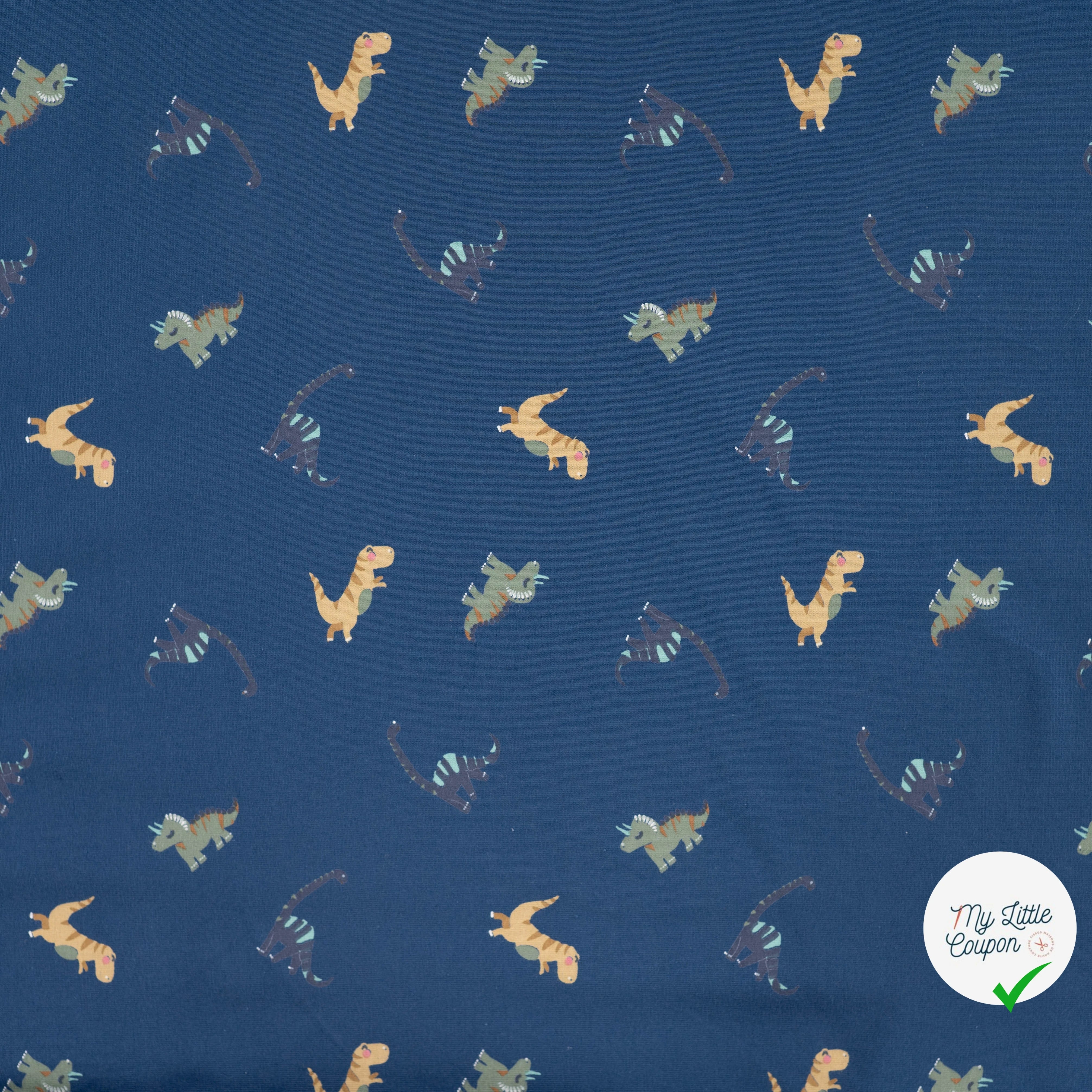 JERSEY DE COTON IMPRIMÉ DINOSAURES FOND DENIM - My Little Coupon