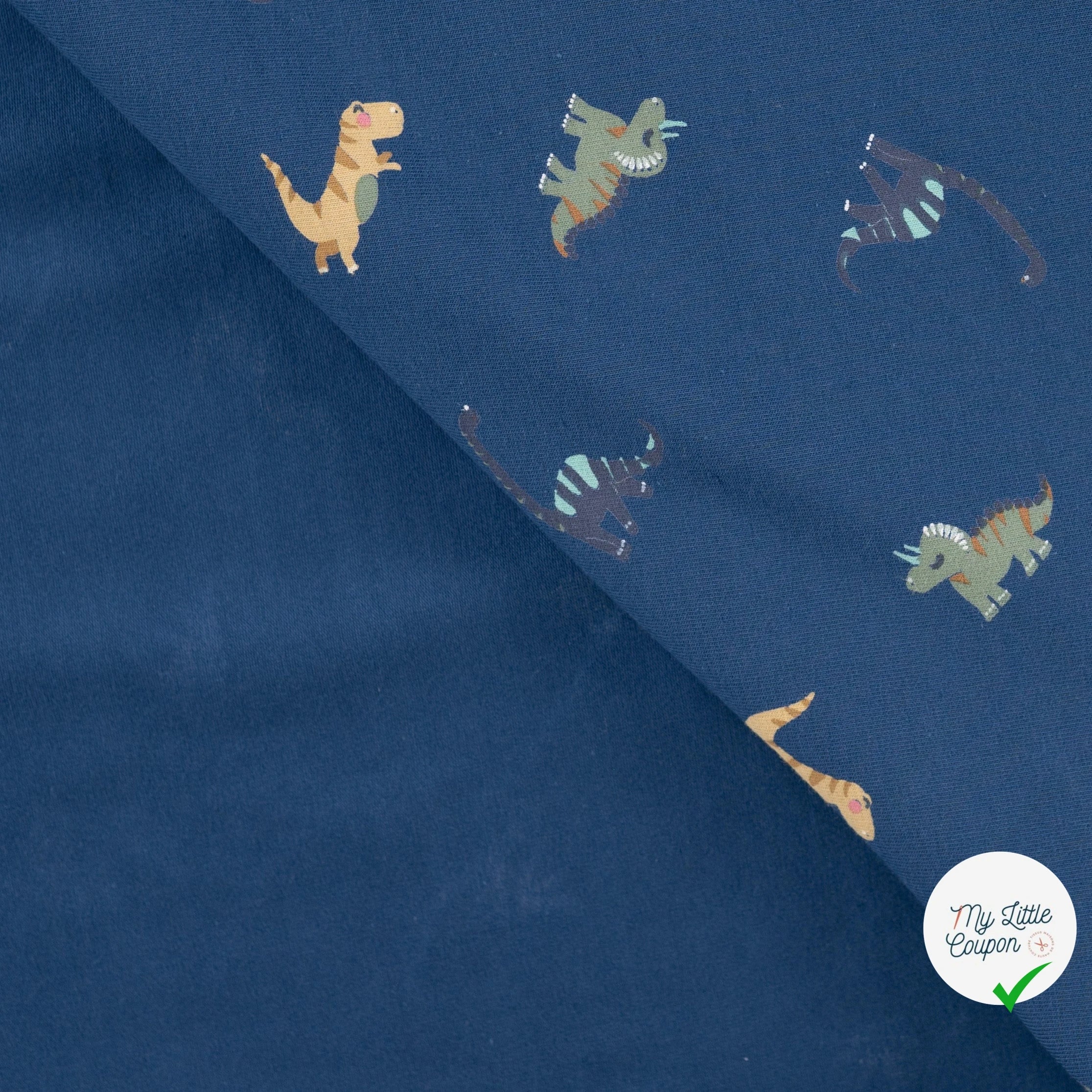 JERSEY DE COTON IMPRIMÉ DINOSAURES FOND DENIM - My Little Coupon
