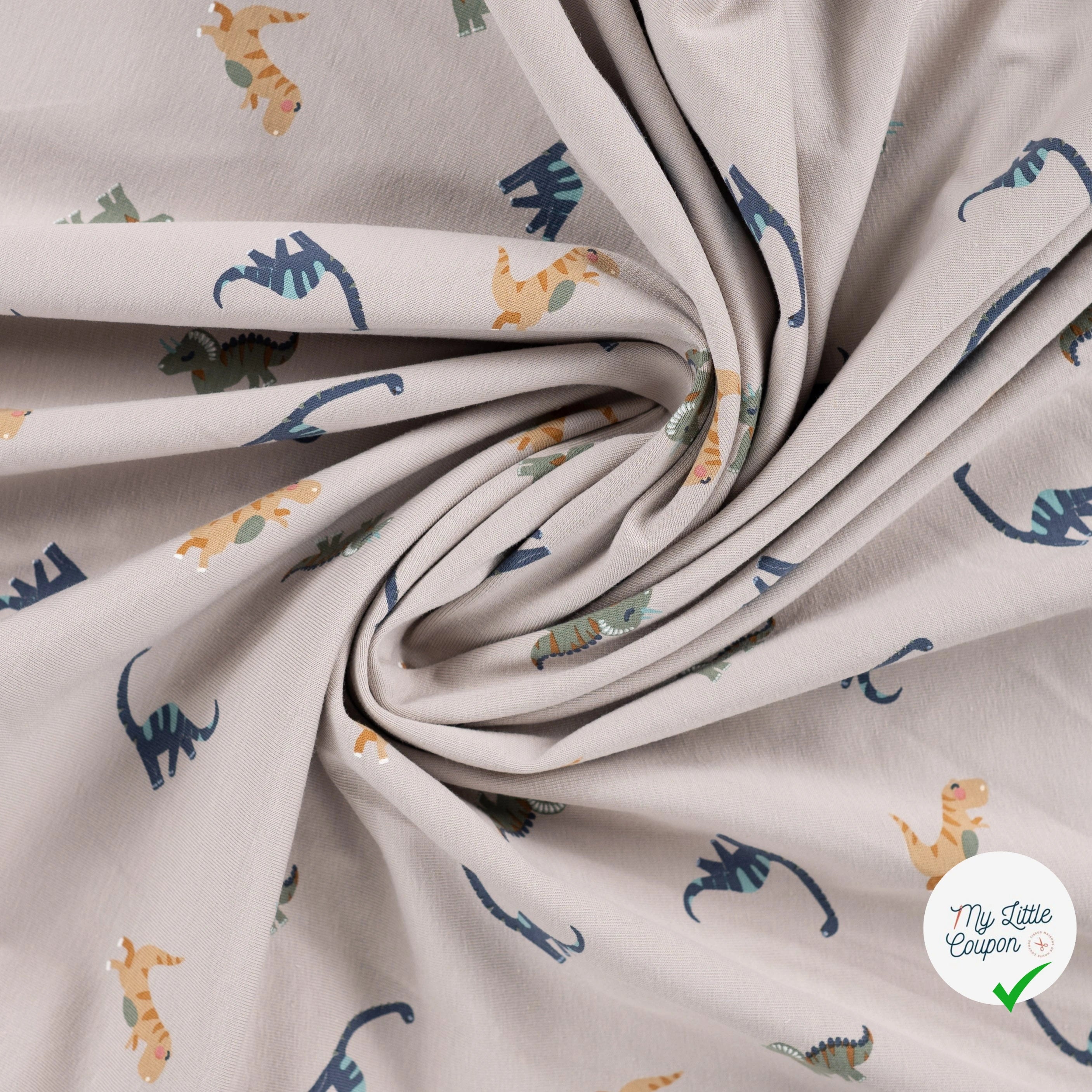 JERSEY DE COTON IMPRIMÉ DINOSAURES FOND SABLE - My Little Coupon