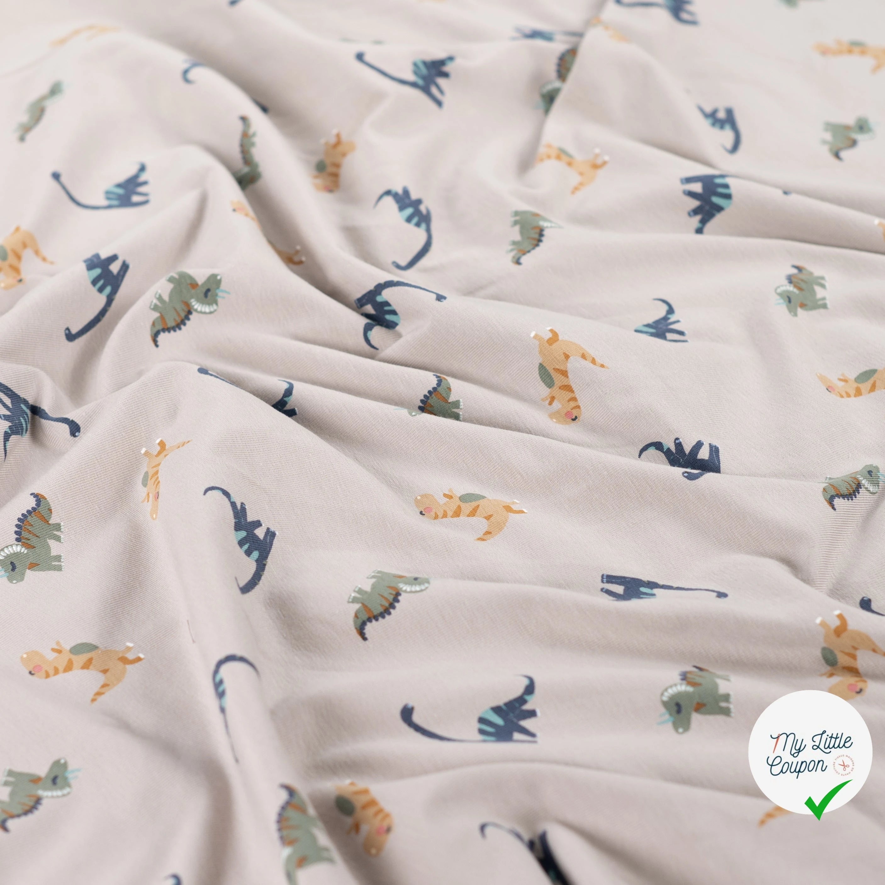 JERSEY DE COTON IMPRIMÉ DINOSAURES FOND SABLE - My Little Coupon