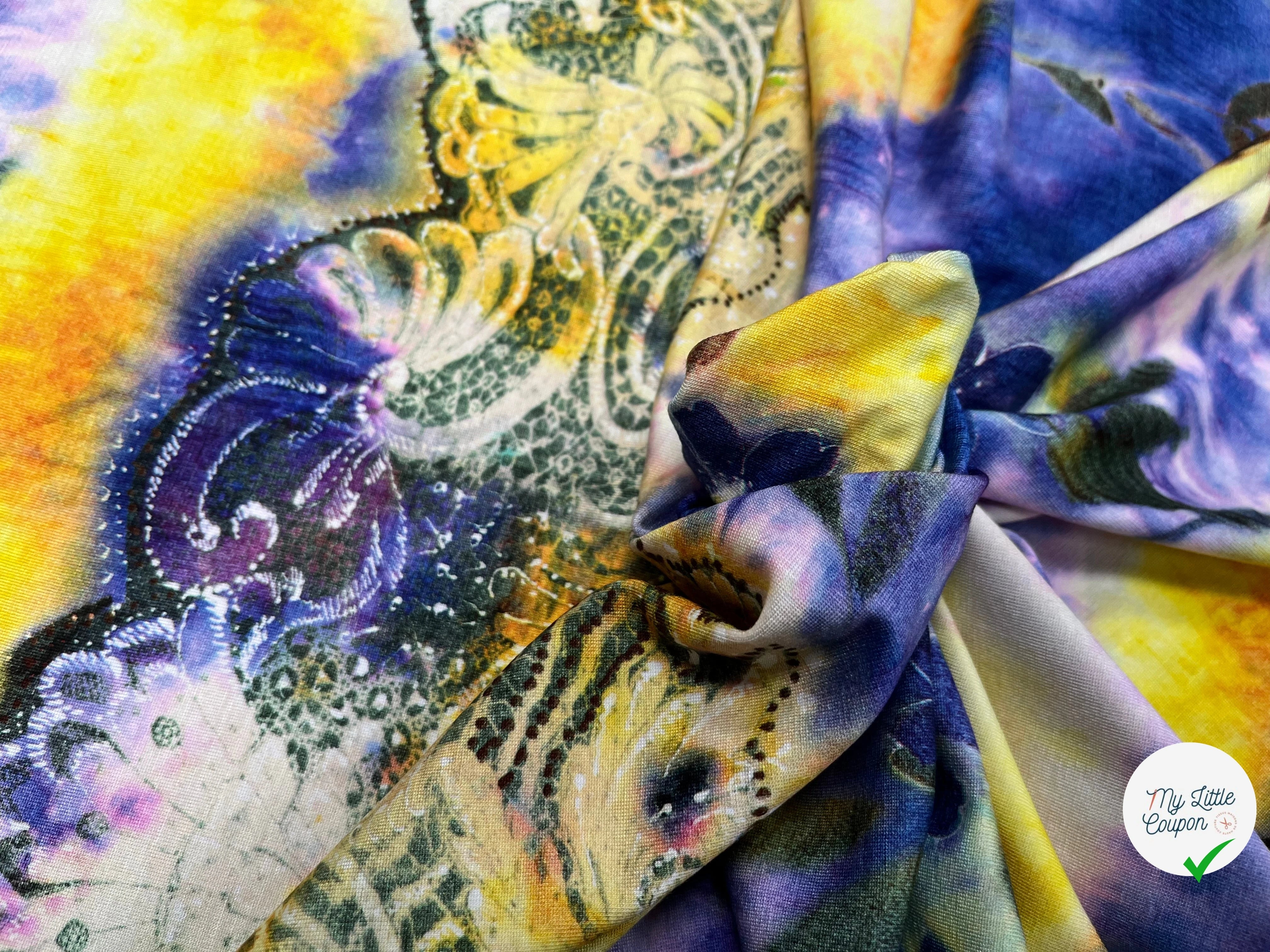 JERSEY DE COTON IMPRIMÉ FLEURS JAUNE&VIOLET - My Little Coupon