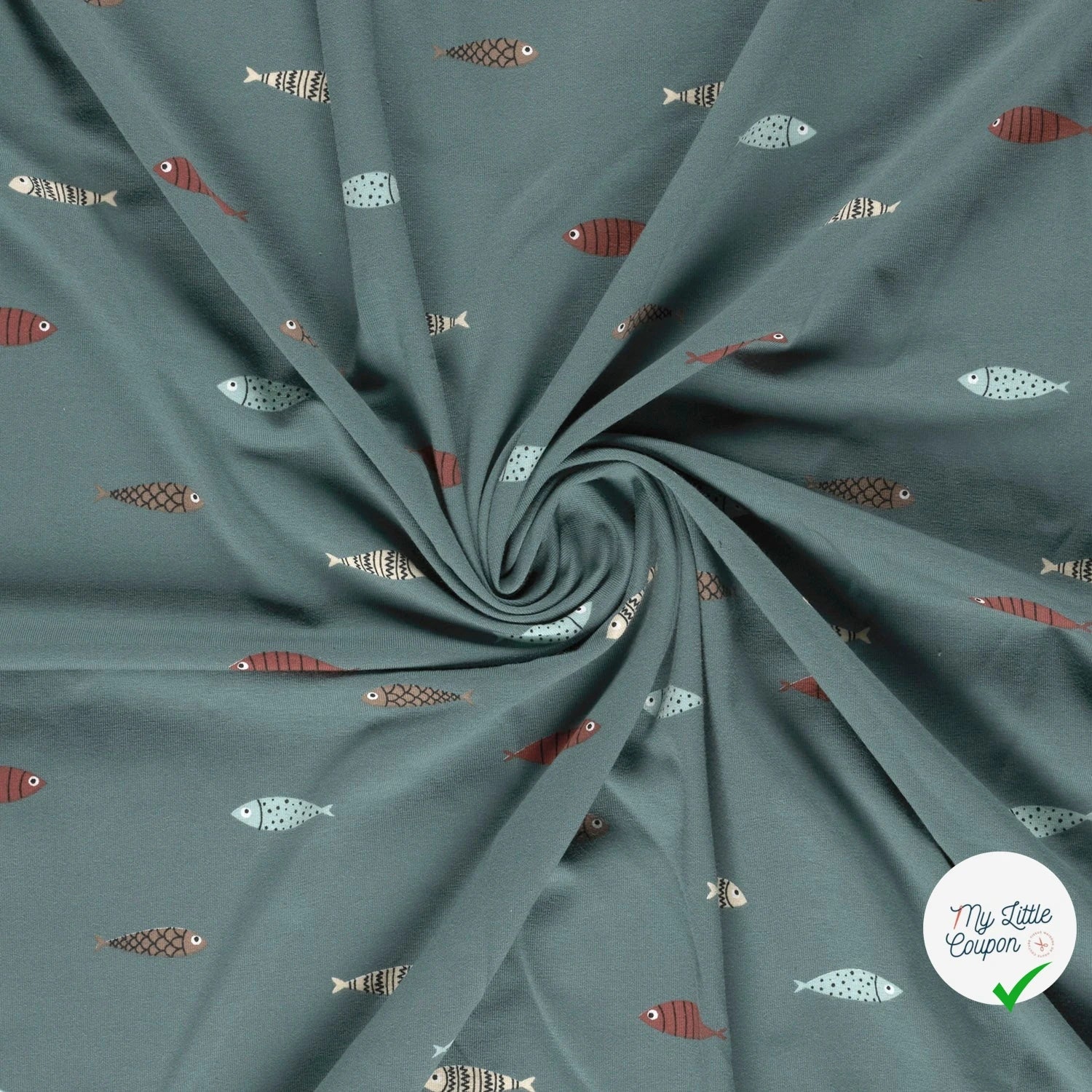JERSEY DE COTON IMPRIMÉ POISSONS INDIGO - My Little Coupon