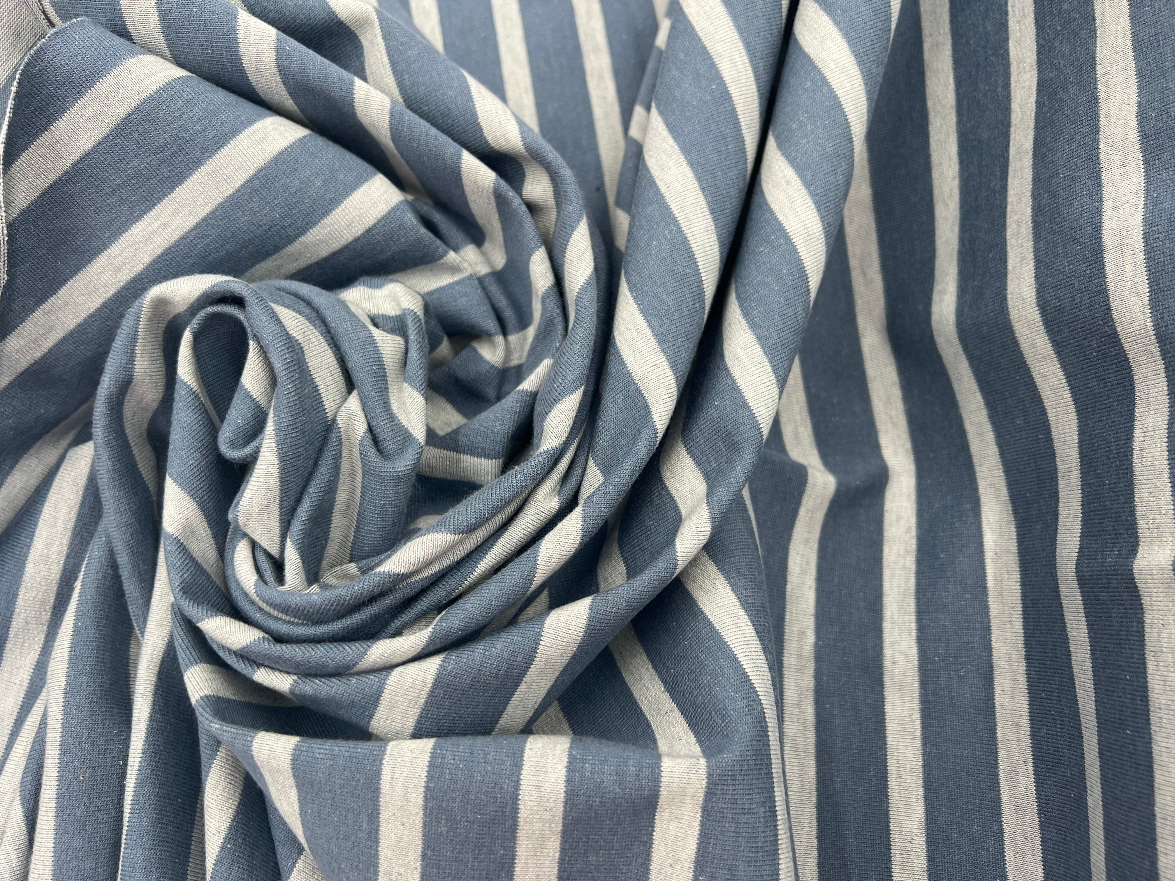 JERSEY DE COTON  LOURD RAYURES BLANC FOND GRIS BLEU MSO