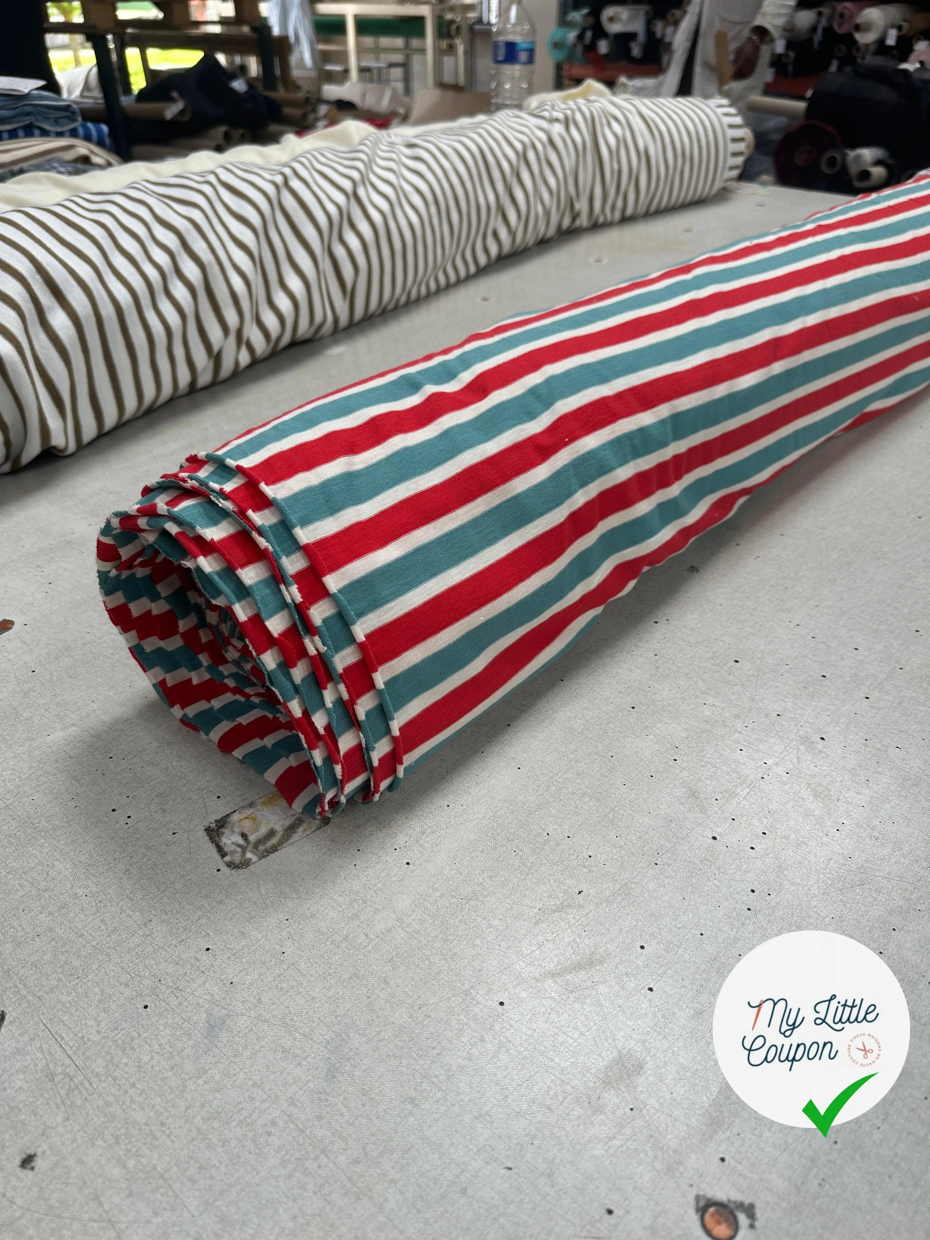 JERSEY DE COTON RAYURES BLEU VERT BLANC ET ROUGE - My Little Coupon - tissu - coudre