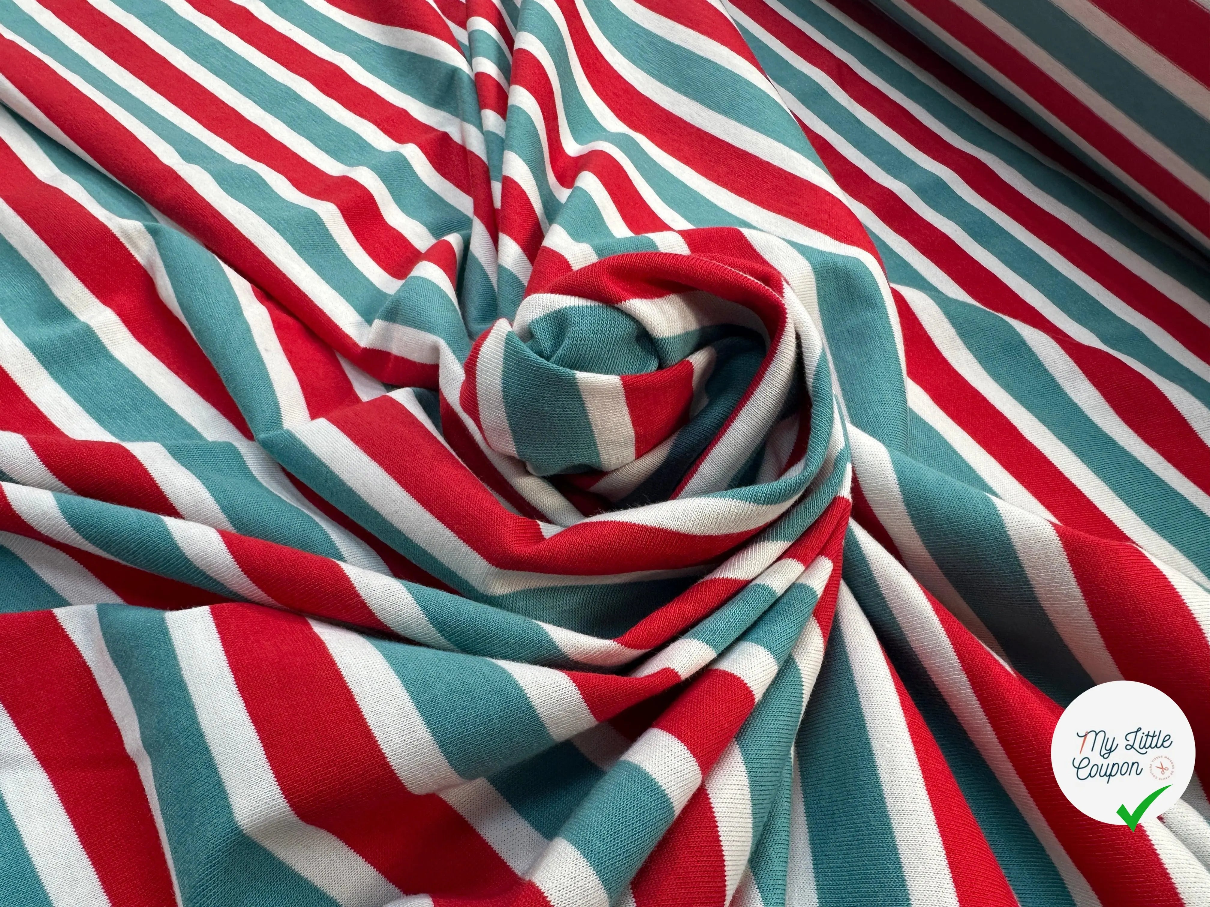 JERSEY DE COTON RAYURES BLEU VERT BLANC ET ROUGE - My Little Coupon - tissu - coudre