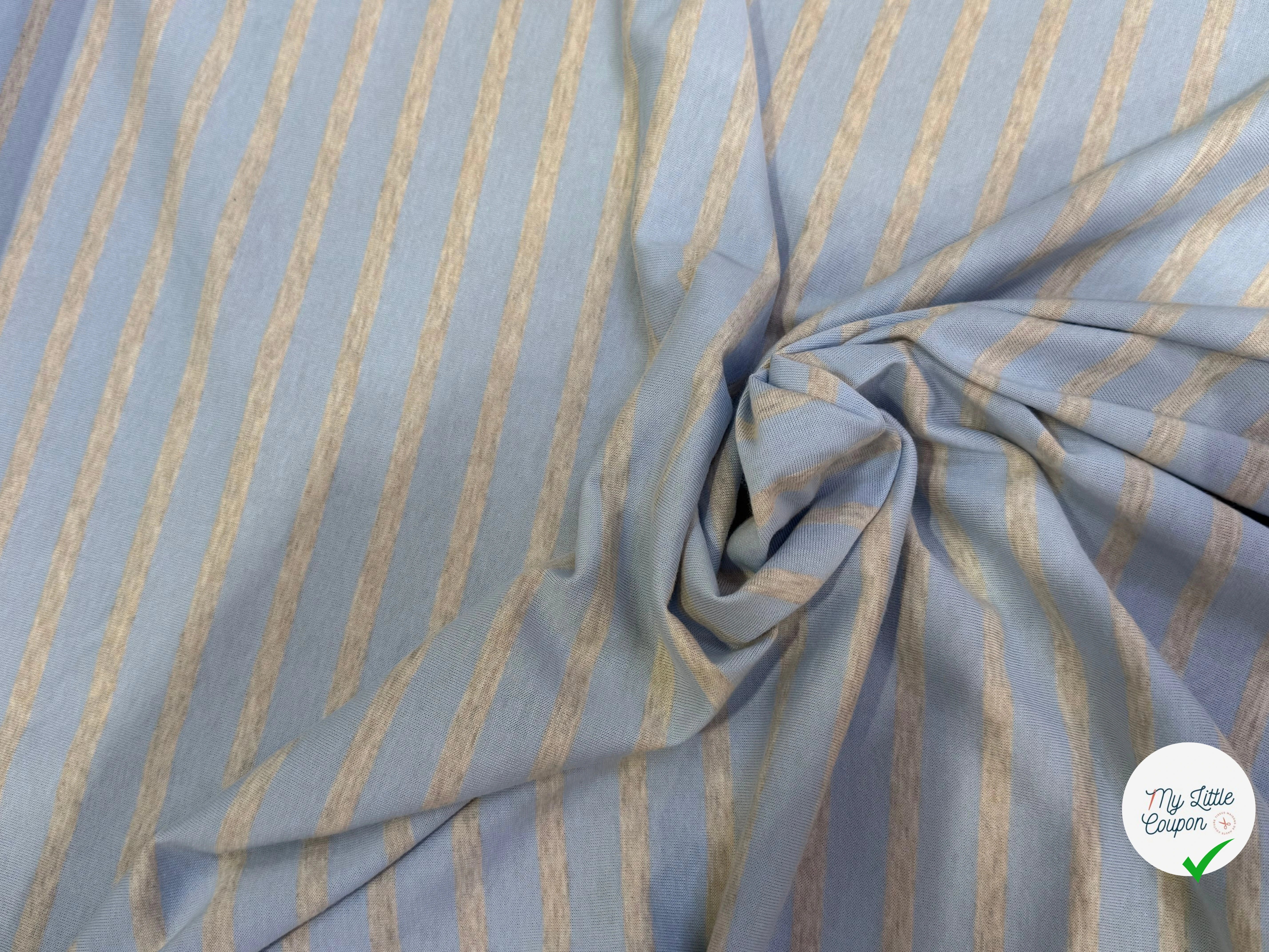 JERSEY DE COTON RAYURES GRISES FOND BLEU CIEL FABRICATION RÉGION DE TROYES 🇫🇷 - My Little Coupon