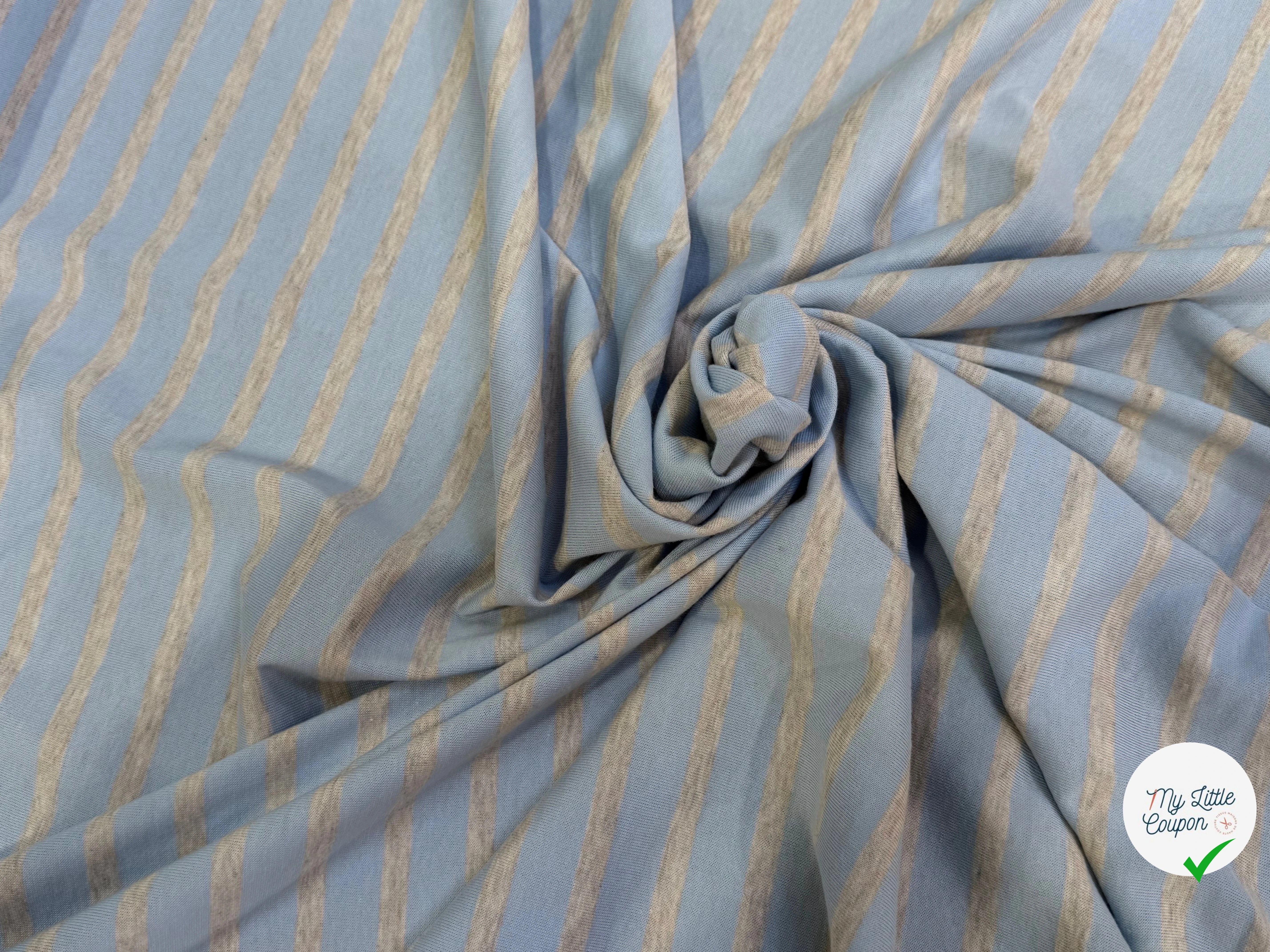 JERSEY DE COTON RAYURES GRISES FOND BLEU CIEL FABRICATION RÉGION DE TROYES 🇫🇷 - My Little Coupon