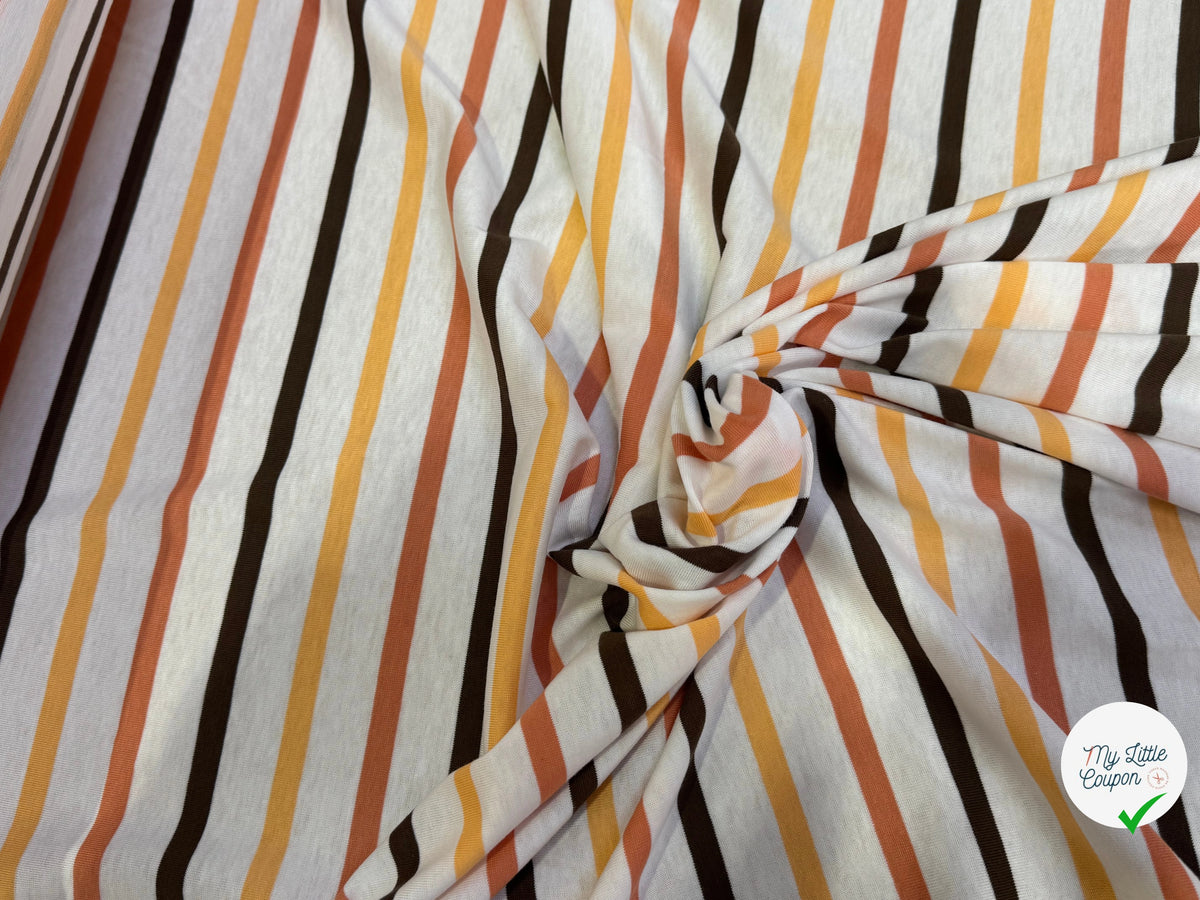 JERSEY DE COTON SUPER DOUX STRETCH RAYURES MULTICOLORES ORANGE JAUNE NOIR FABRICATION RÉGION DE TROYES 🇫🇷 - My Little Coupon
