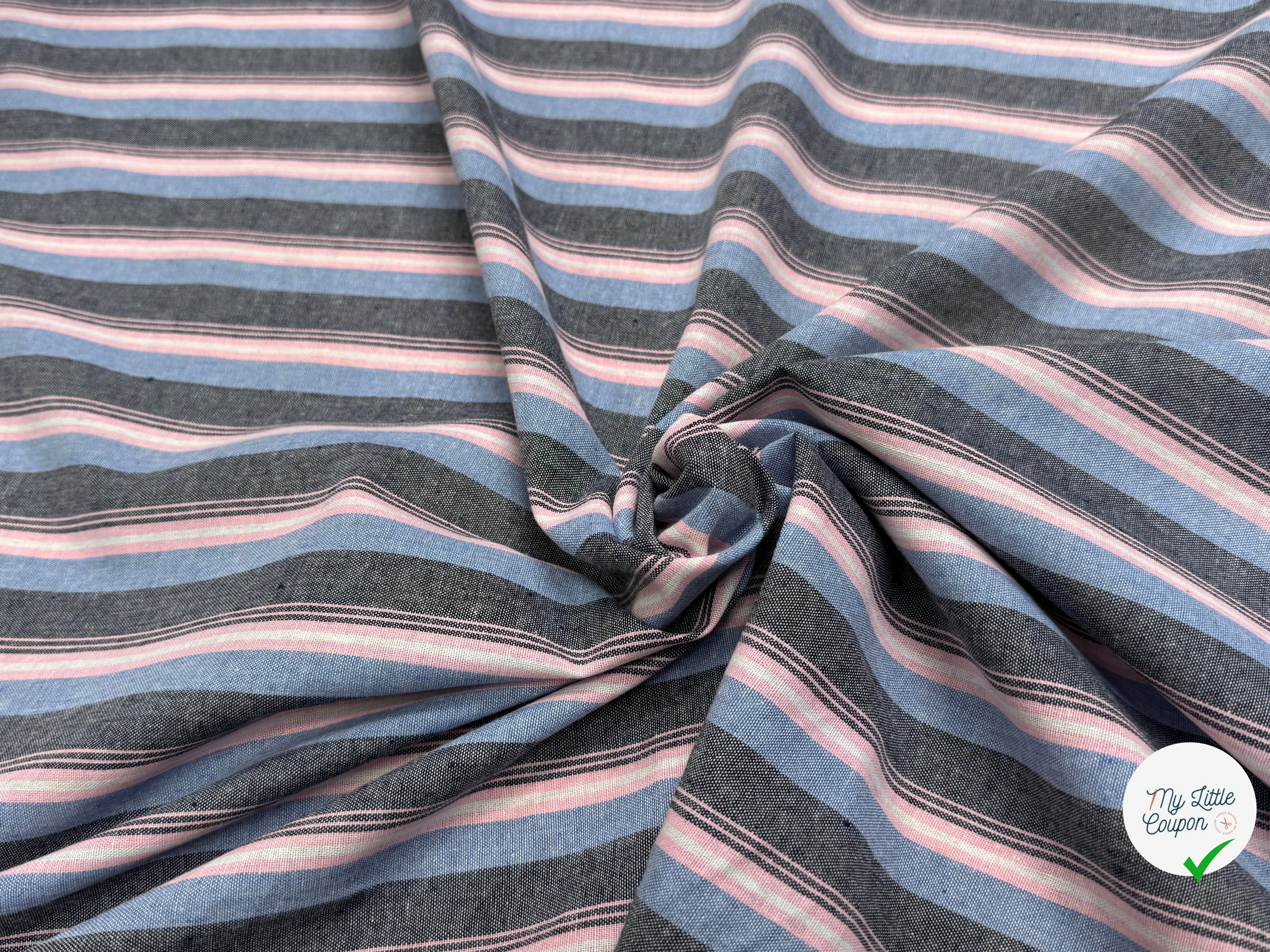 LIN VISCOSE RAYURES BLEUES ROSE ASPECT OXFORD - My Little Coupon