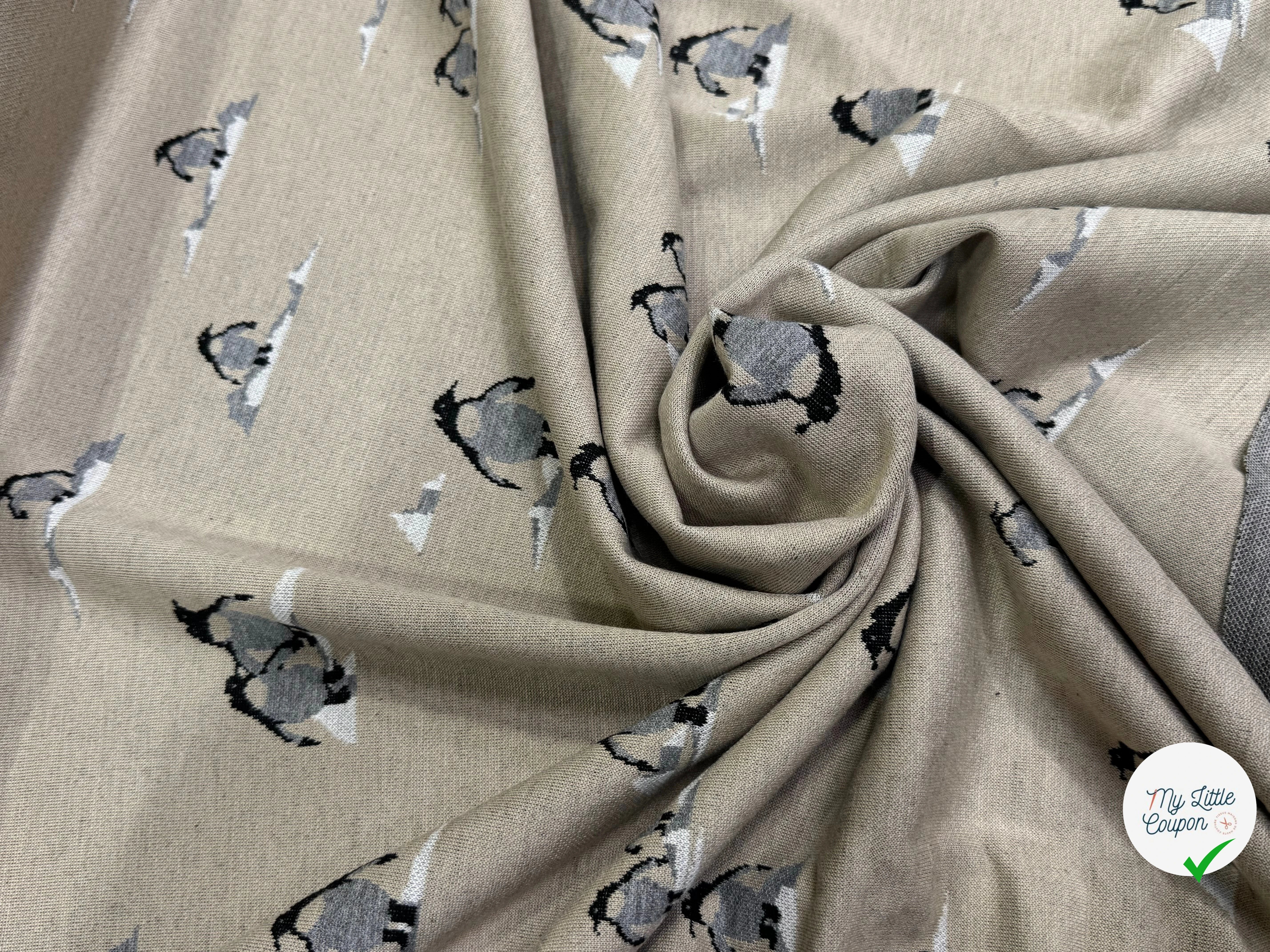 MAILLE DOUBLE FACE IMPRIMÉ PINGOUINS GRIS FOND BEIGE CRÈME - My Little Coupon