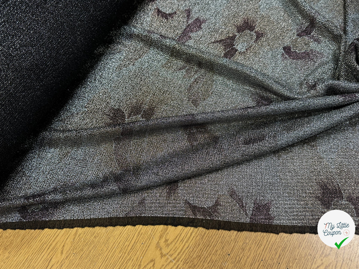 Tissu maille de fête argentée florale noir - détail du tissu
