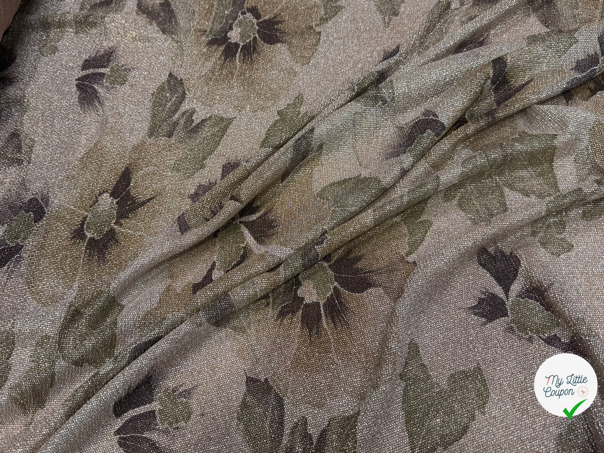 Tissu maille de fête florale beige rosé kaki - vue de la matière