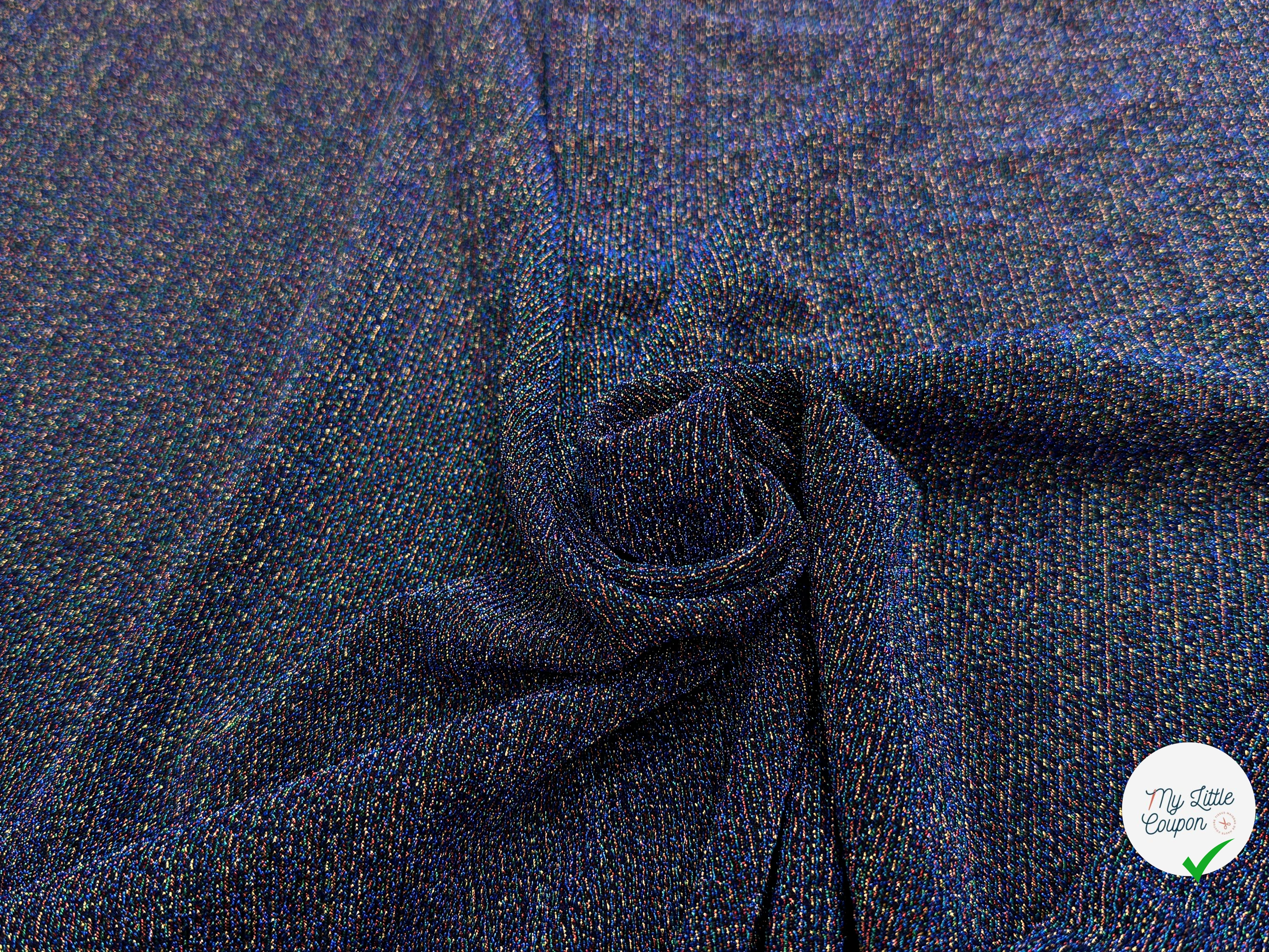 MAILLE FÊTE ULTRA STRETCH BRILLANT POLY MULTICOL INTERLOCK BLEU - My Little Coupon