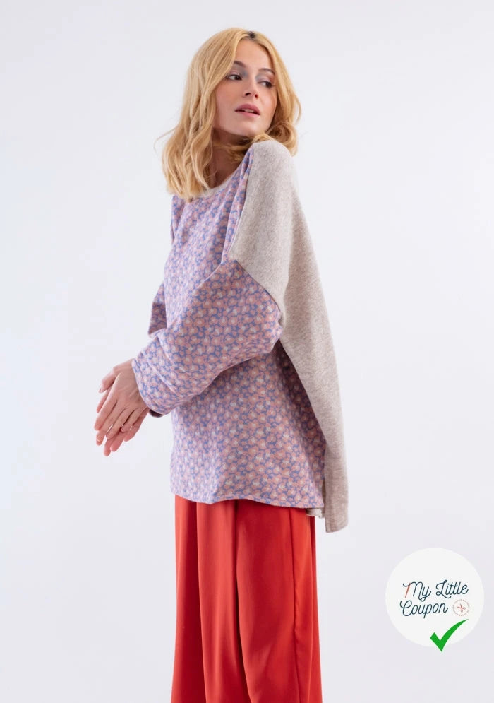MAILLE GRATTÉE JACQUARD FLEURS ROSE PÂLE FOND BLEU - My Little Coupon