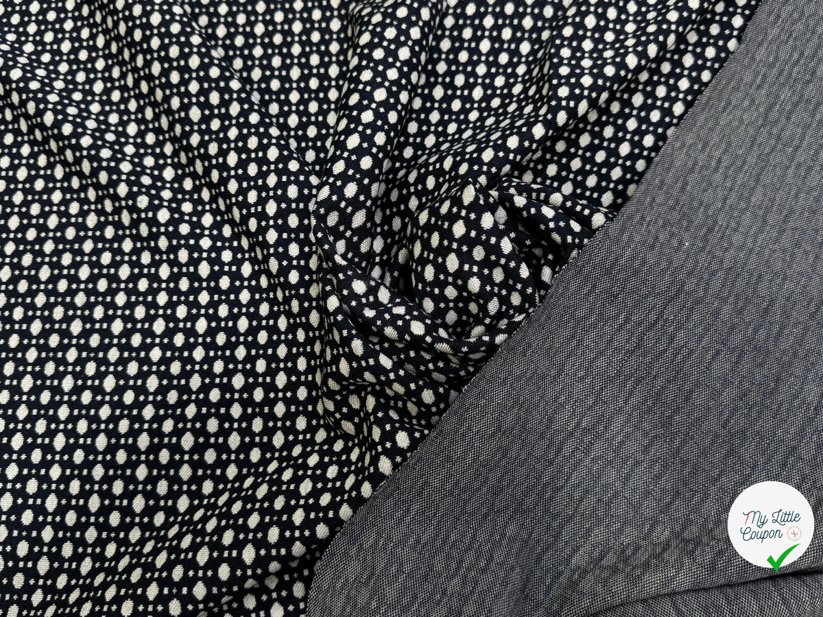 MAILLE JACQUARD ESPRIT MILANO MOTIF POIS ÉCRU FOND BLEU MARINE - My Little Coupon