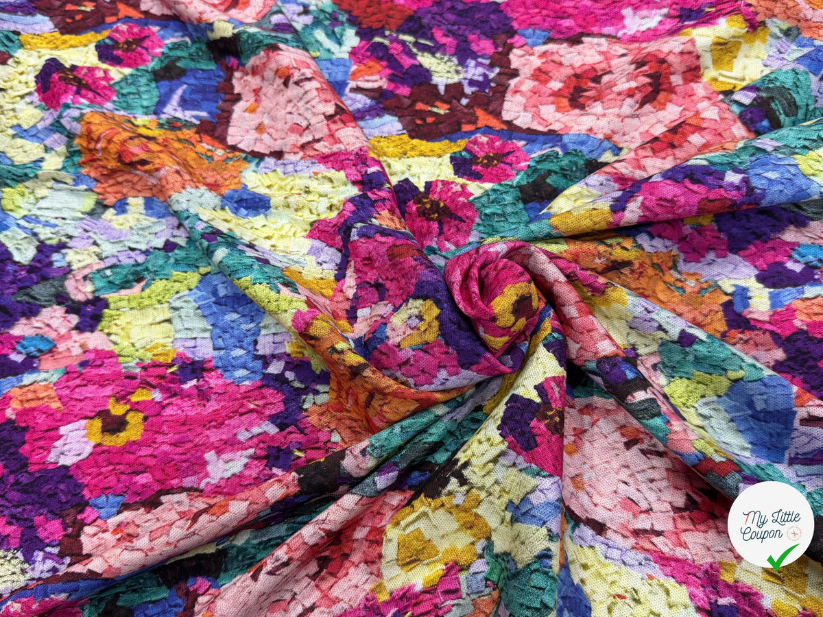 MAILLE VISCOSE STRETCH IMPRIMÉ FLEURS ESPRIT TAPISSERIE MULTICOLORE - My Little Coupon