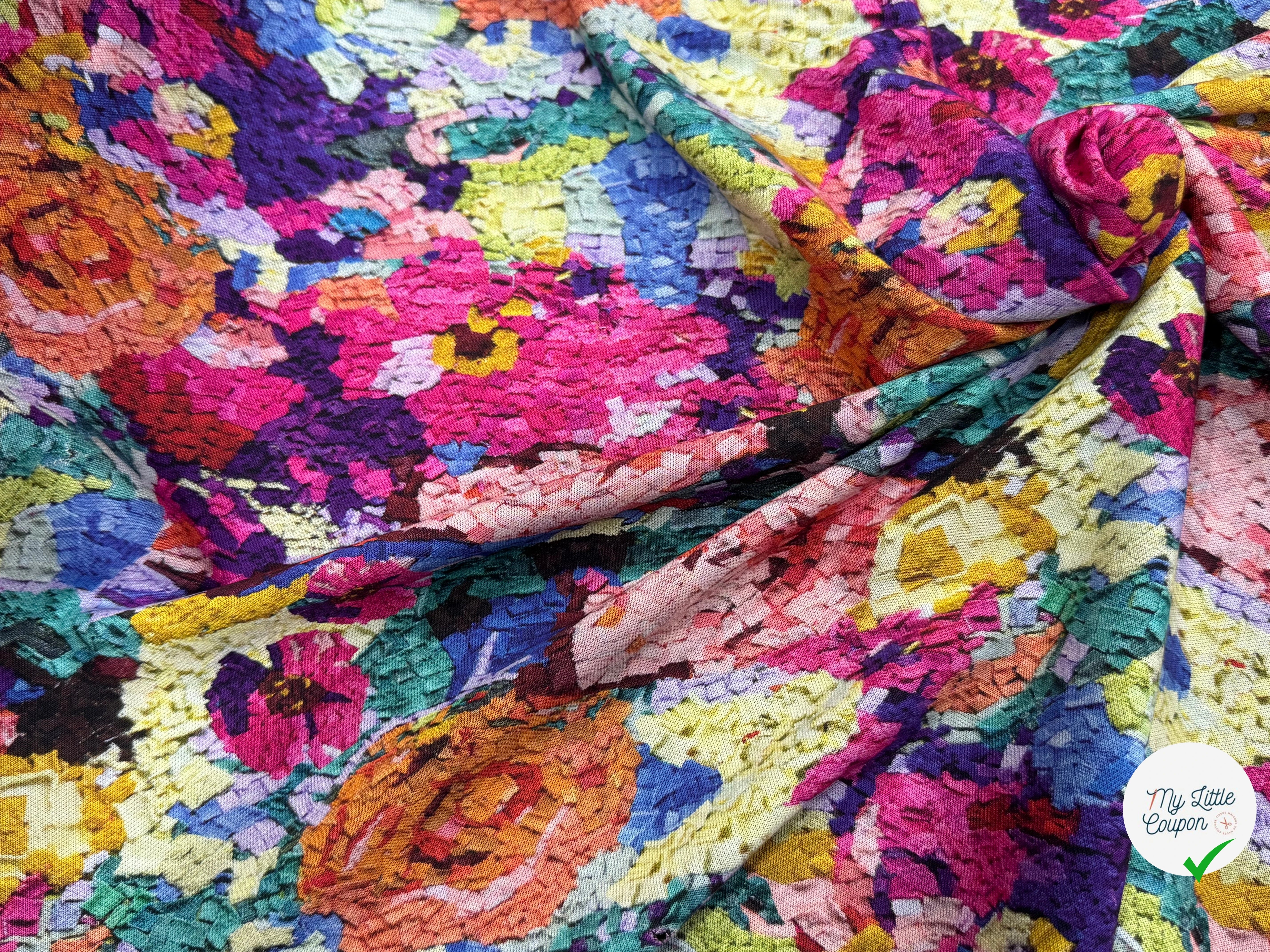 MAILLE VISCOSE STRETCH IMPRIMÉ FLEURS ESPRIT TAPISSERIE MULTICOLORE - My Little Coupon