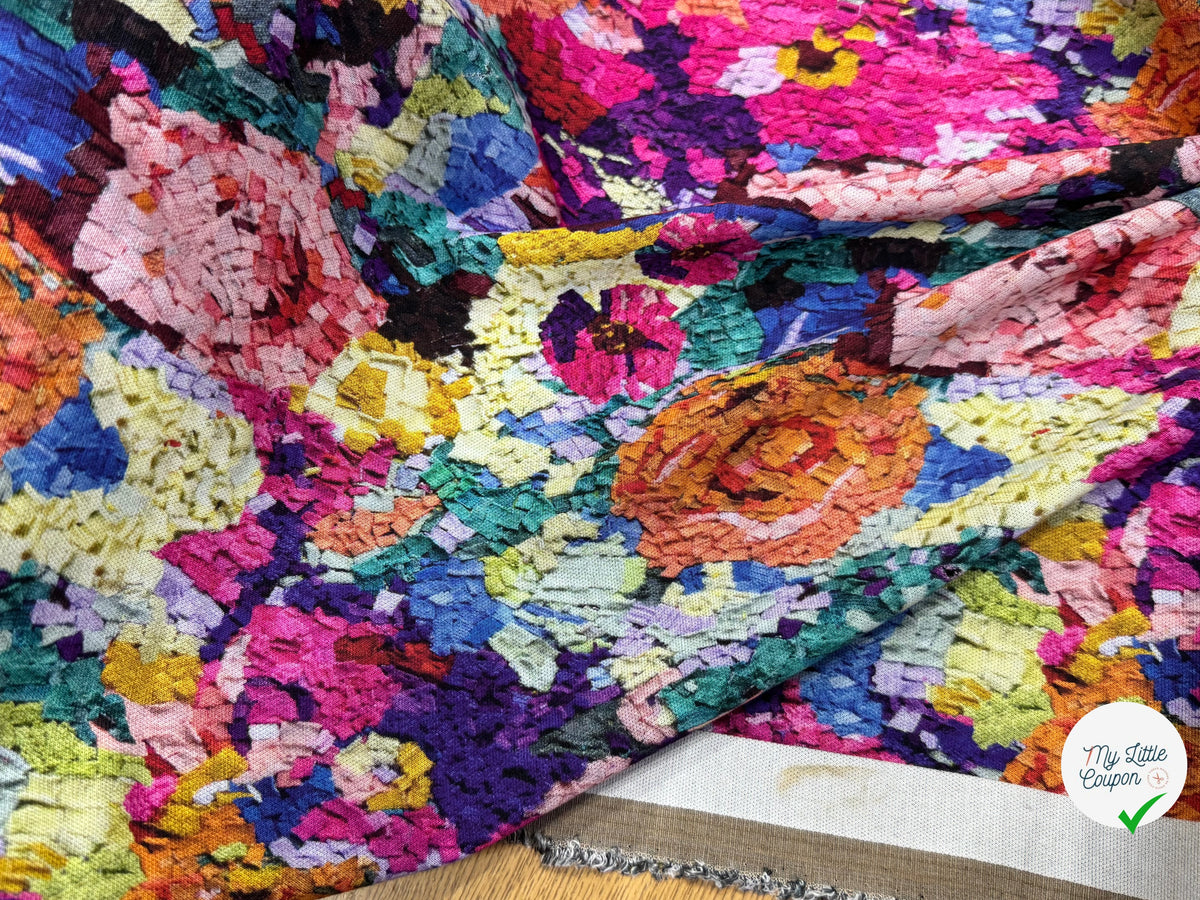 MAILLE VISCOSE STRETCH IMPRIMÉ FLEURS ESPRIT TAPISSERIE MULTICOLORE - My Little Coupon