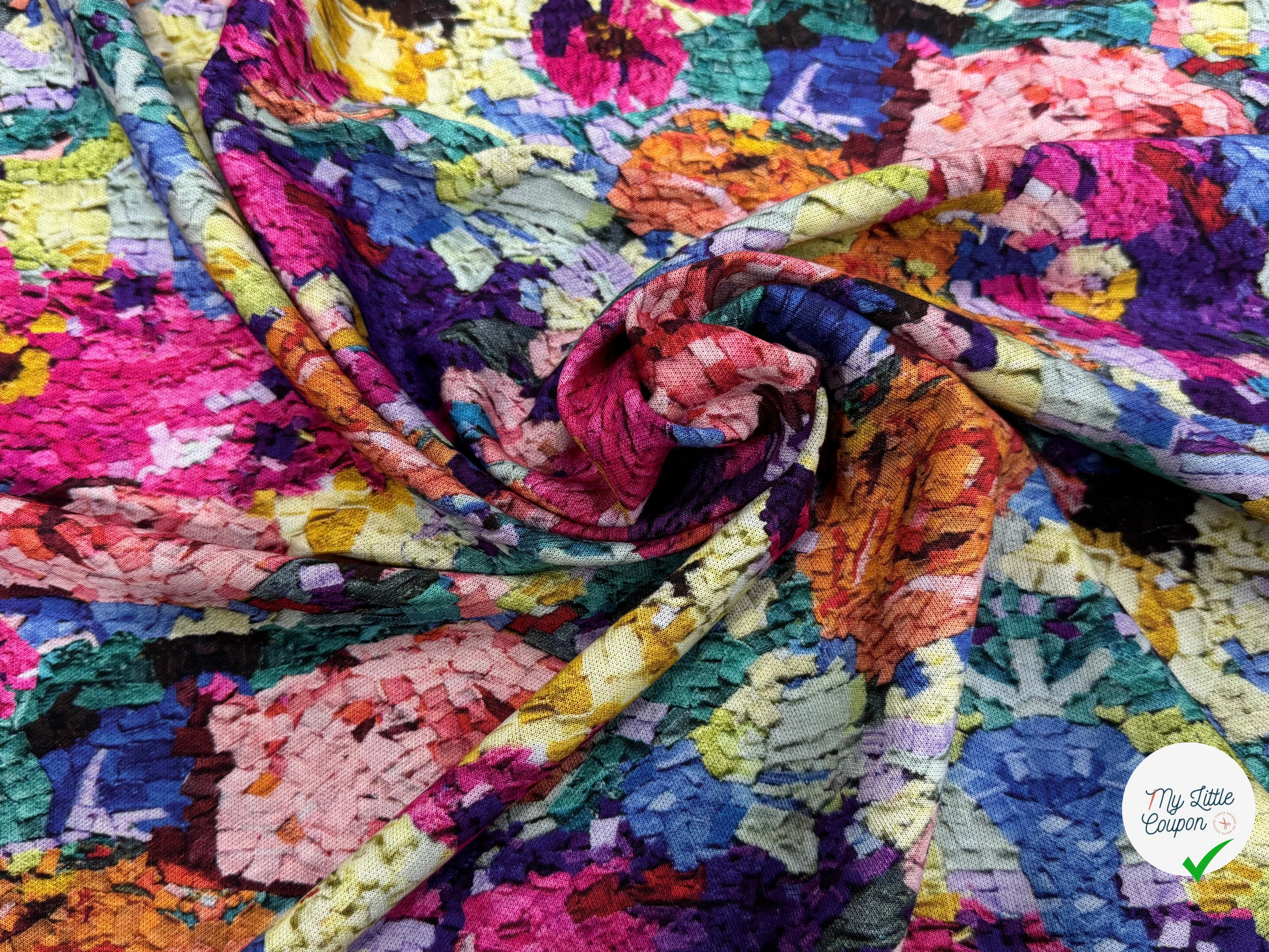 MAILLE VISCOSE STRETCH IMPRIMÉ FLEURS ESPRIT TAPISSERIE MULTICOLORE - My Little Coupon