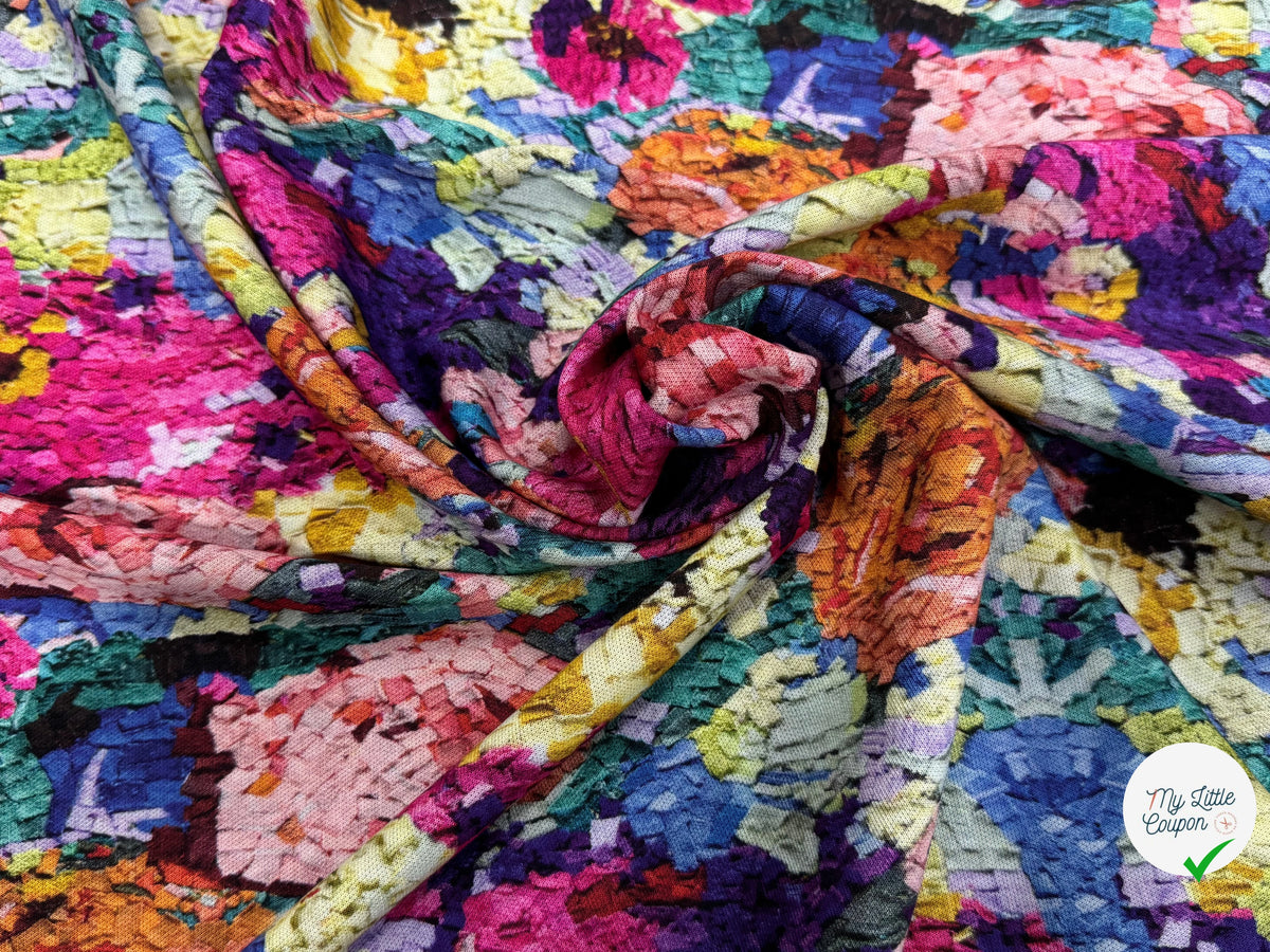 MAILLE VISCOSE STRETCH IMPRIMÉ FLEURS ESPRIT TAPISSERIE MULTICOLORE - My Little Coupon