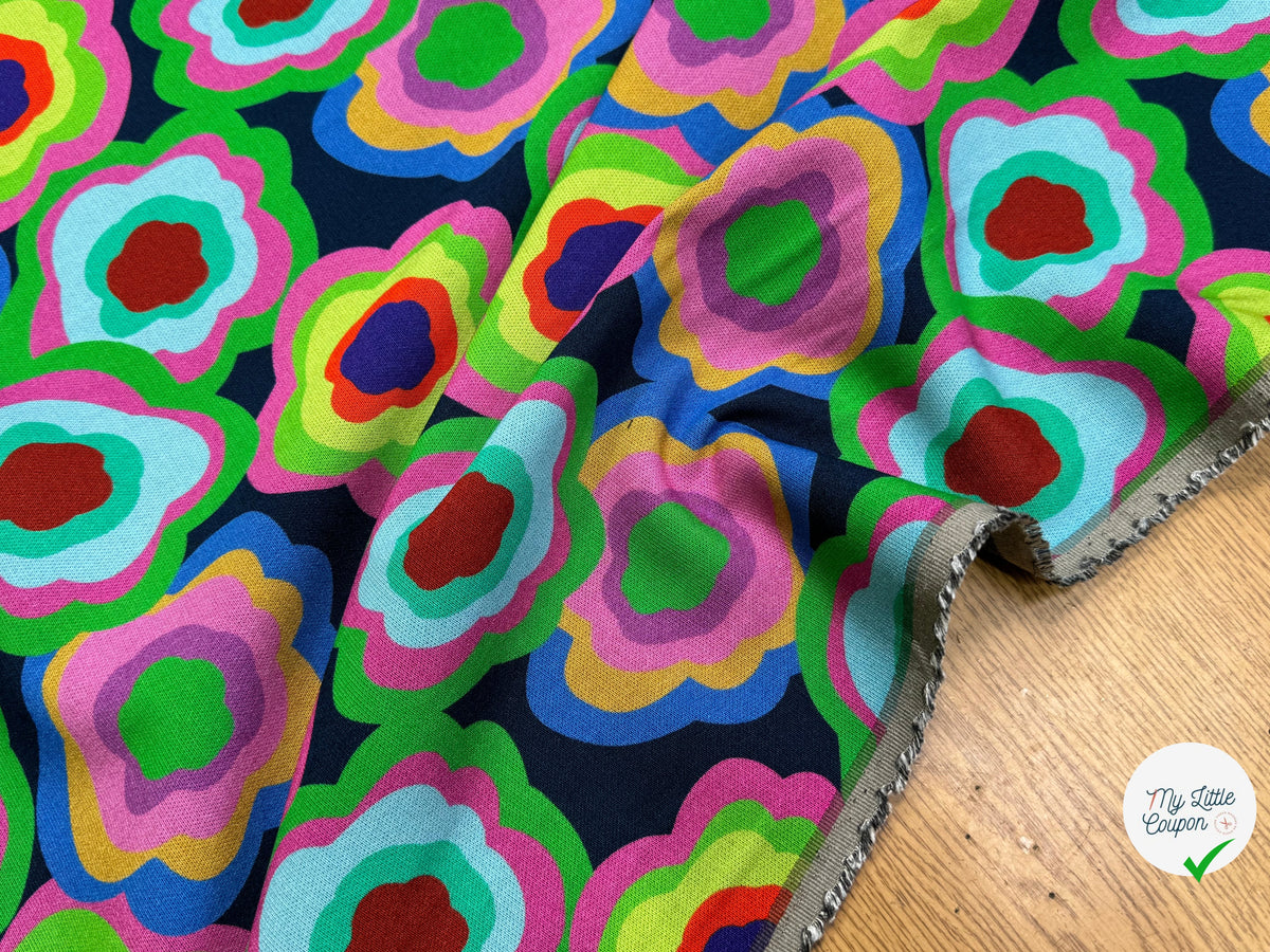 MAILLE VISCOSE STRETCH IMPRIMÉ FLEURS PSYCHÉDÉLIQUES MISTERY FLOWER POWER - My Little Coupon
