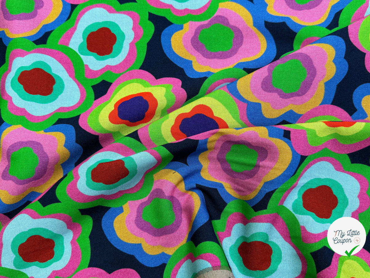 MAILLE VISCOSE STRETCH IMPRIMÉ FLEURS PSYCHÉDÉLIQUES MISTERY FLOWER POWER - My Little Coupon