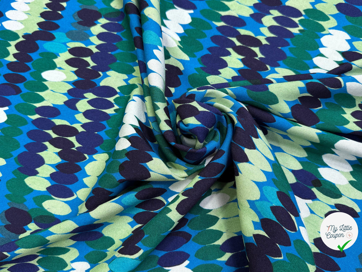 MAILLE VISCOSE STRETCH IMPRIMÉ OLIVES BLEU MISTERY EN RANG BLEU - My Little Coupon