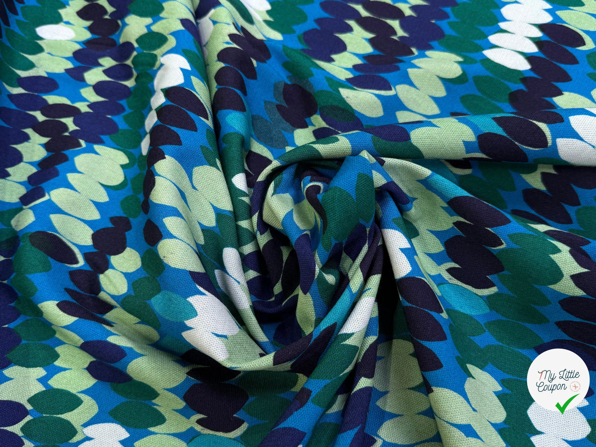 MAILLE VISCOSE STRETCH IMPRIMÉ OLIVES BLEU MISTERY EN RANG BLEU - My Little Coupon