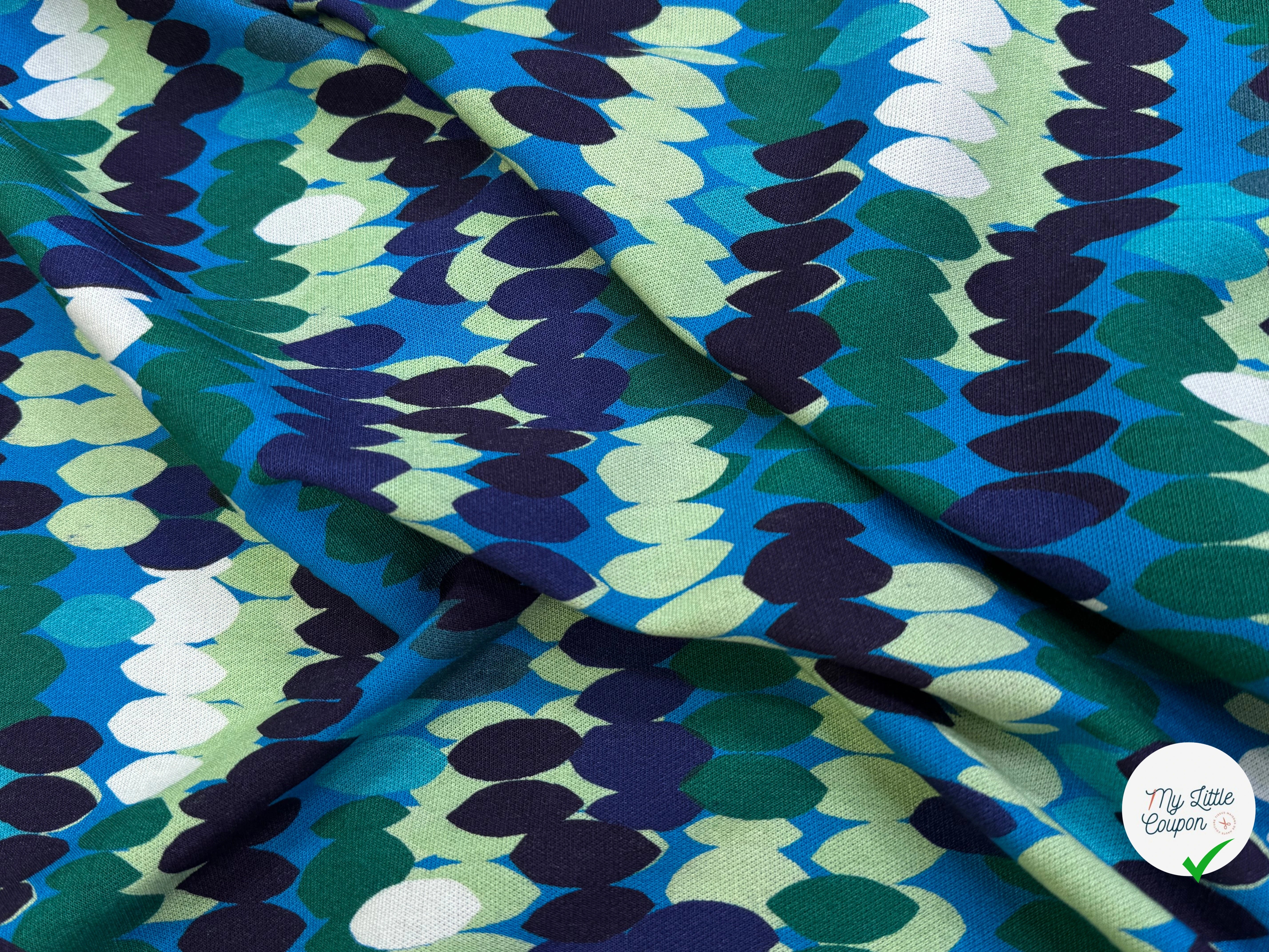 MAILLE VISCOSE STRETCH IMPRIMÉ OLIVES BLEU MISTERY EN RANG BLEU - My Little Coupon