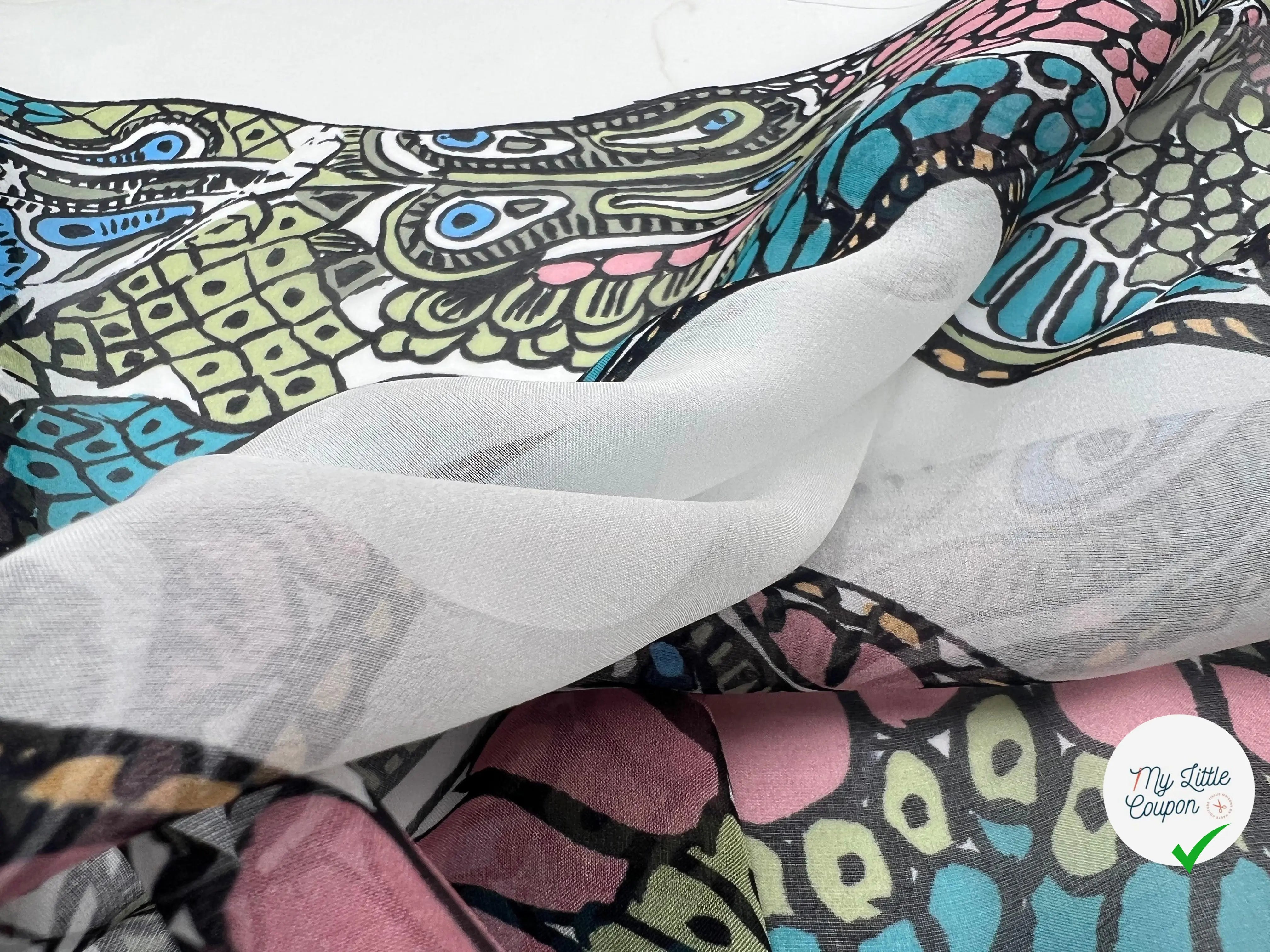 MOUSSELINE DE SOIE IMPRIMÉ SNAKE MULTICOLORE VARIÉTÉ GREEN - My Little Coupon - tissu - coudre