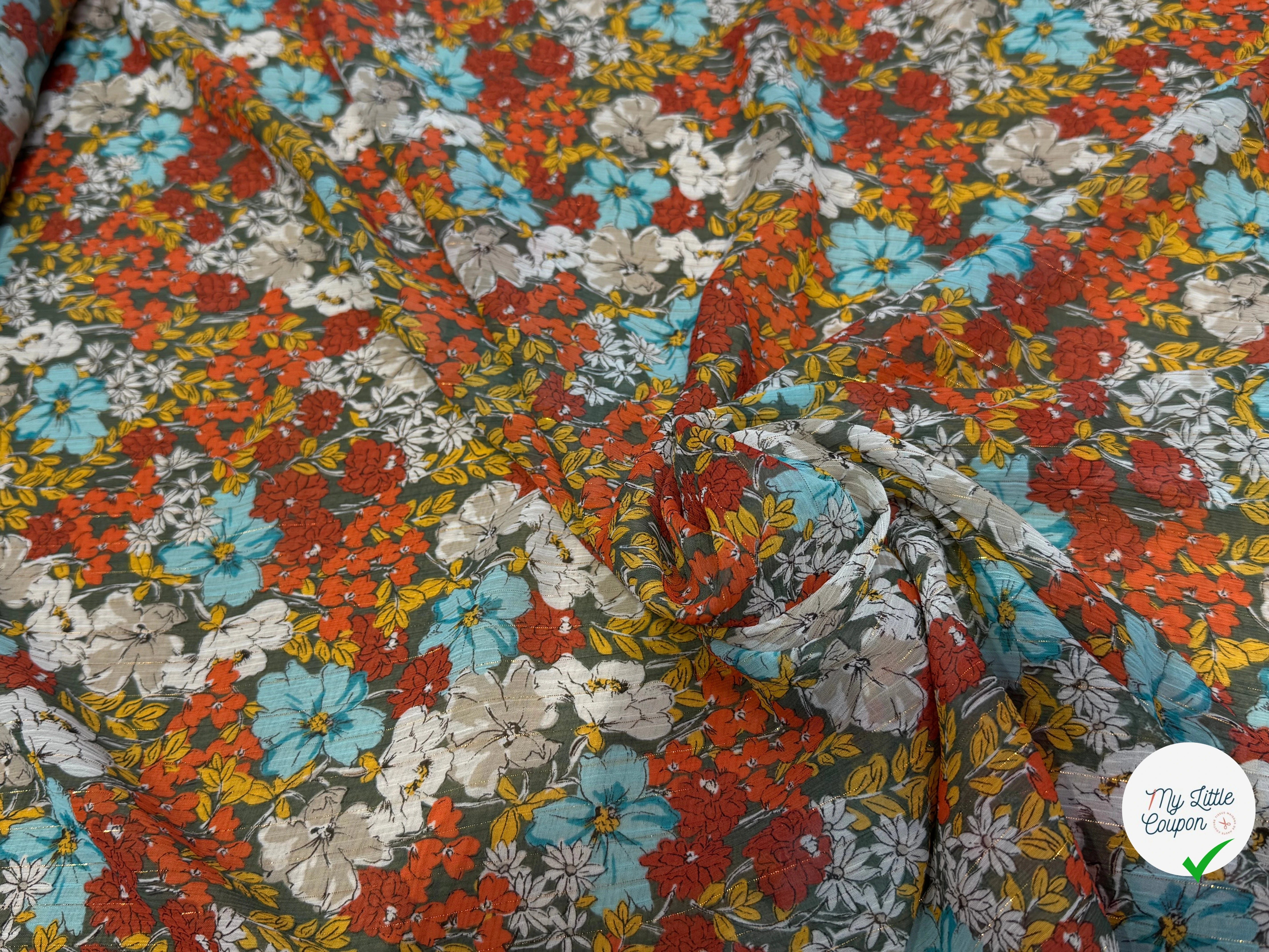 MOUSSELINE FIL MÉTAL IMPRIMÉ JOLIES FLEURS MULICOLORES CHIC - My Little Coupon