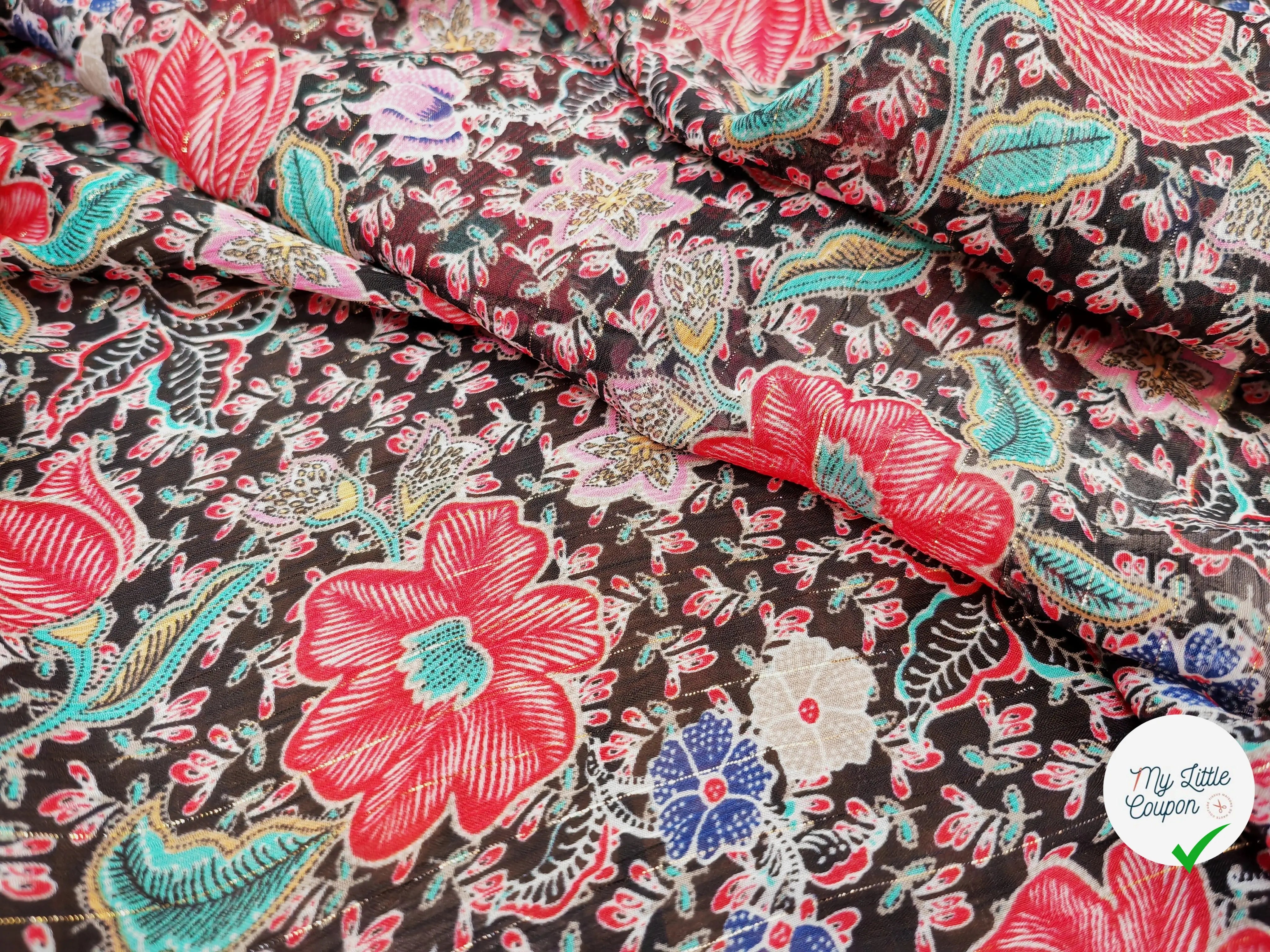 MOUSSELINE FLEURS ORIENTALES FOND NOIR - My Little Coupon