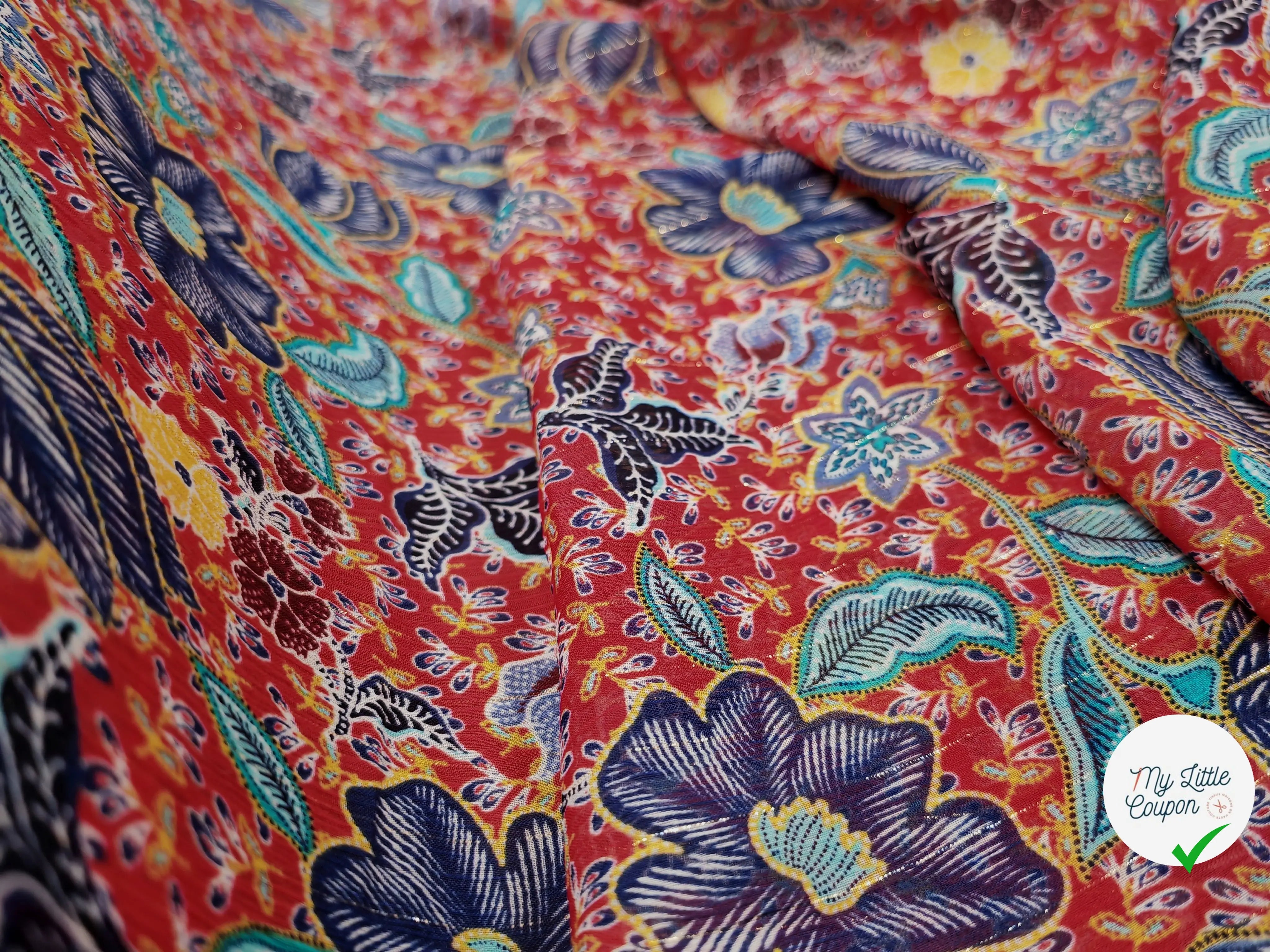 MOUSSELINE FLEURS ORIENTALES FOND ROUGE - My Little Coupon