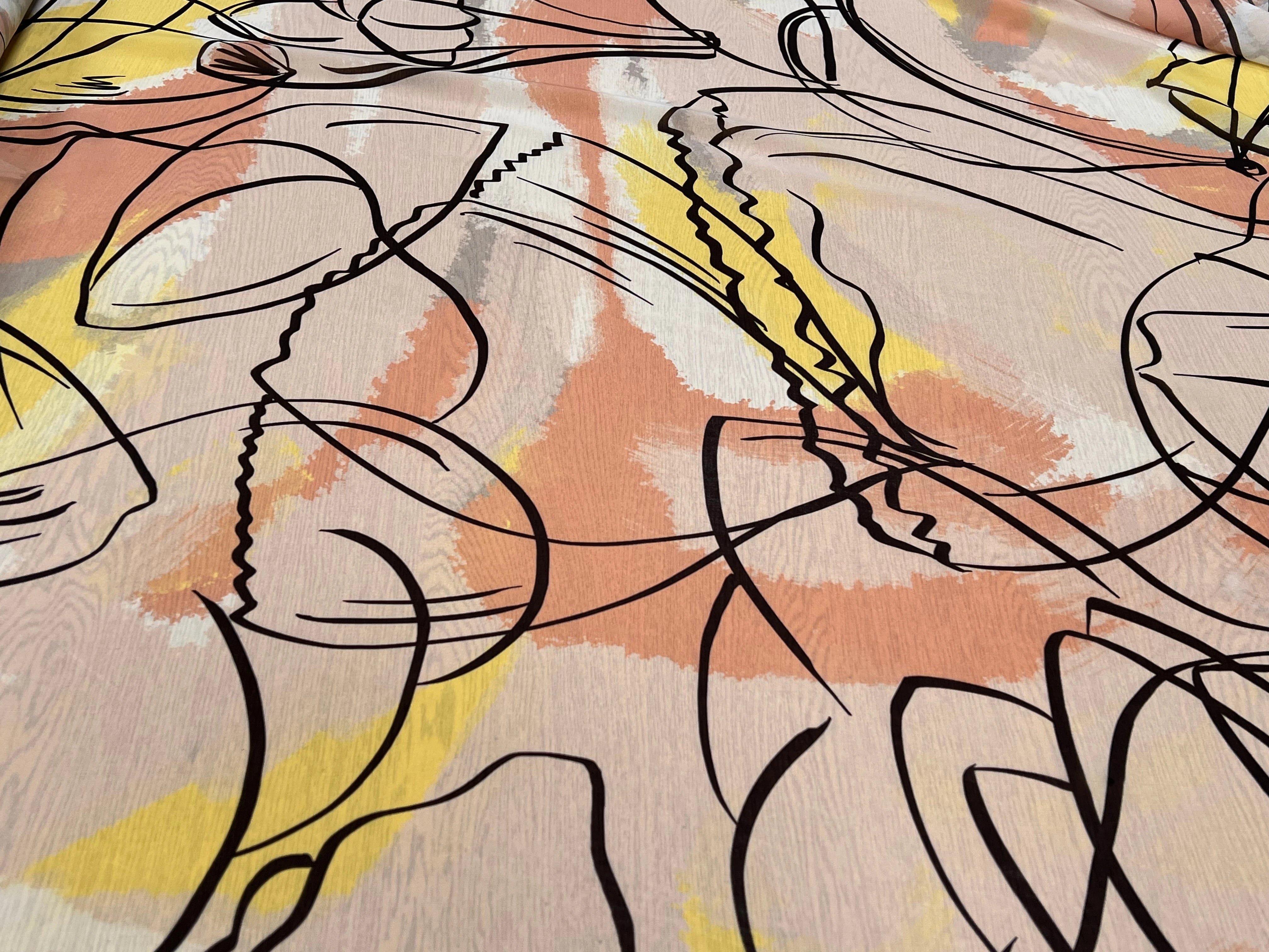 MOUSSELINE JAUNE MARRON MOTIF ABSTRAIT POLYESTER - My Little Coupon