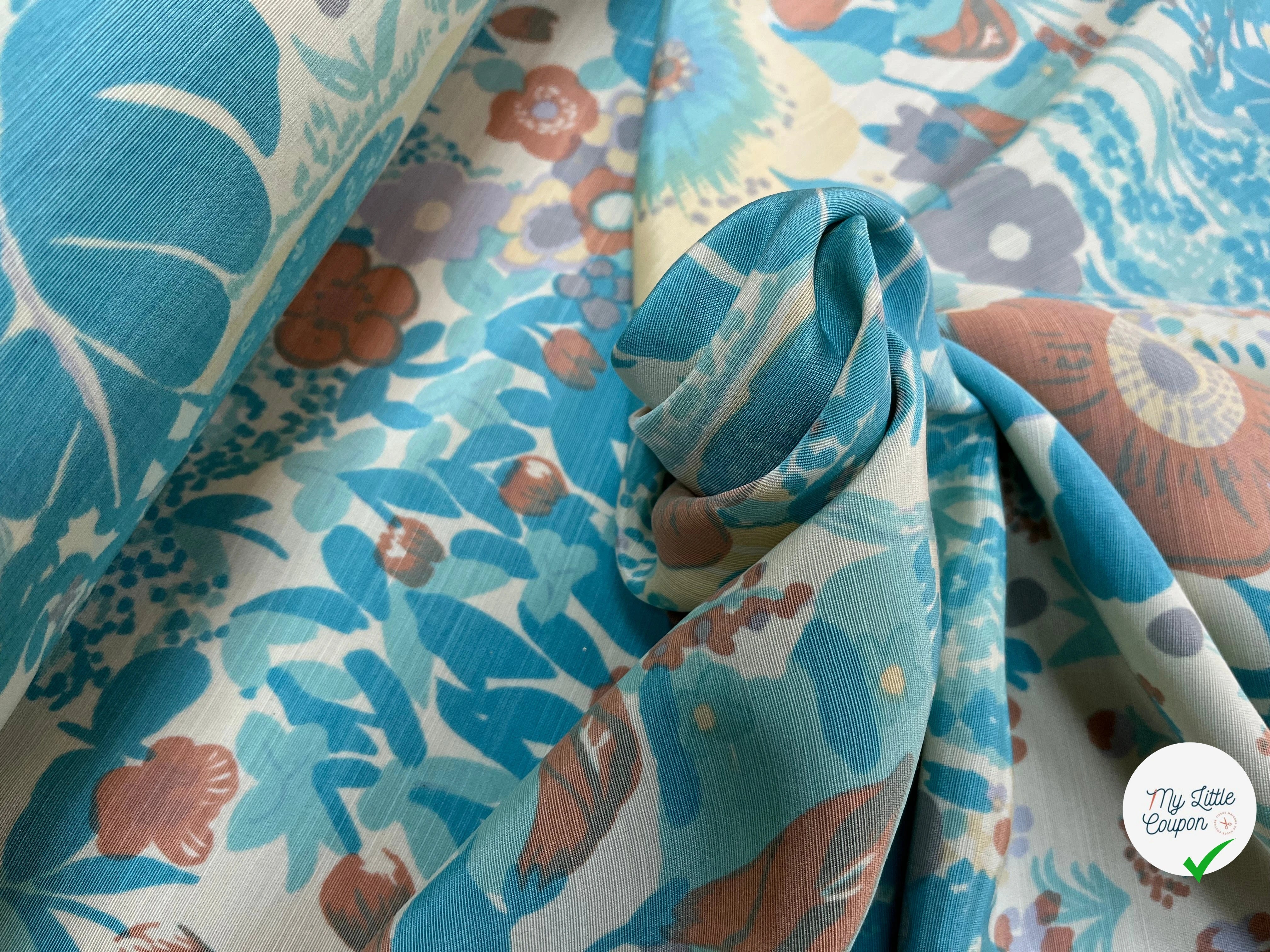 OTTOMAN LAINE VISCOSE FOND ÉCRU MOTIF FLEURS BLEU MARRON VERT 95CM - My Little Coupon