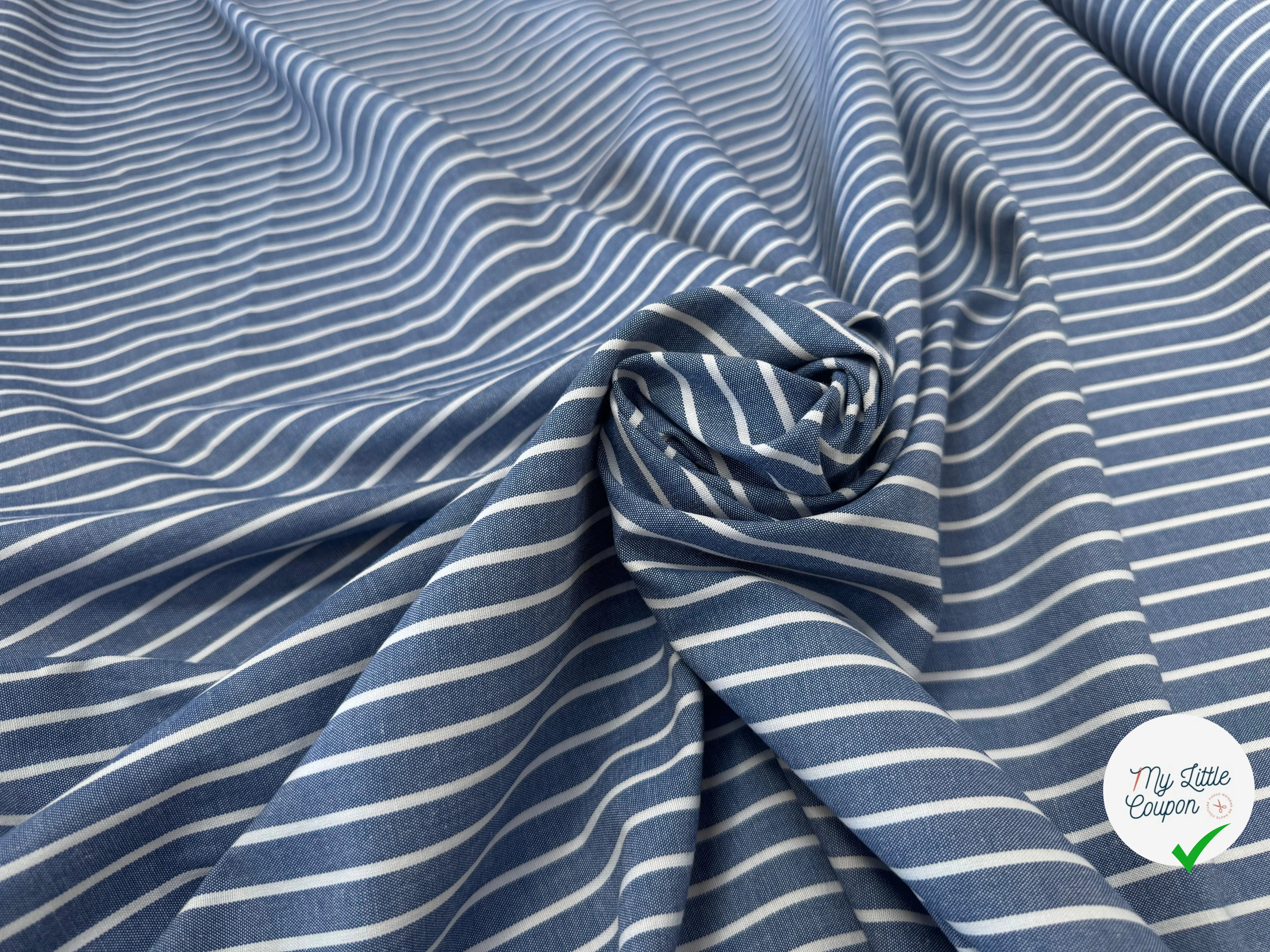 OXFORD DE COTON BLEU EFFET JEAN À RAYURES BLANCHES - My Little Coupon