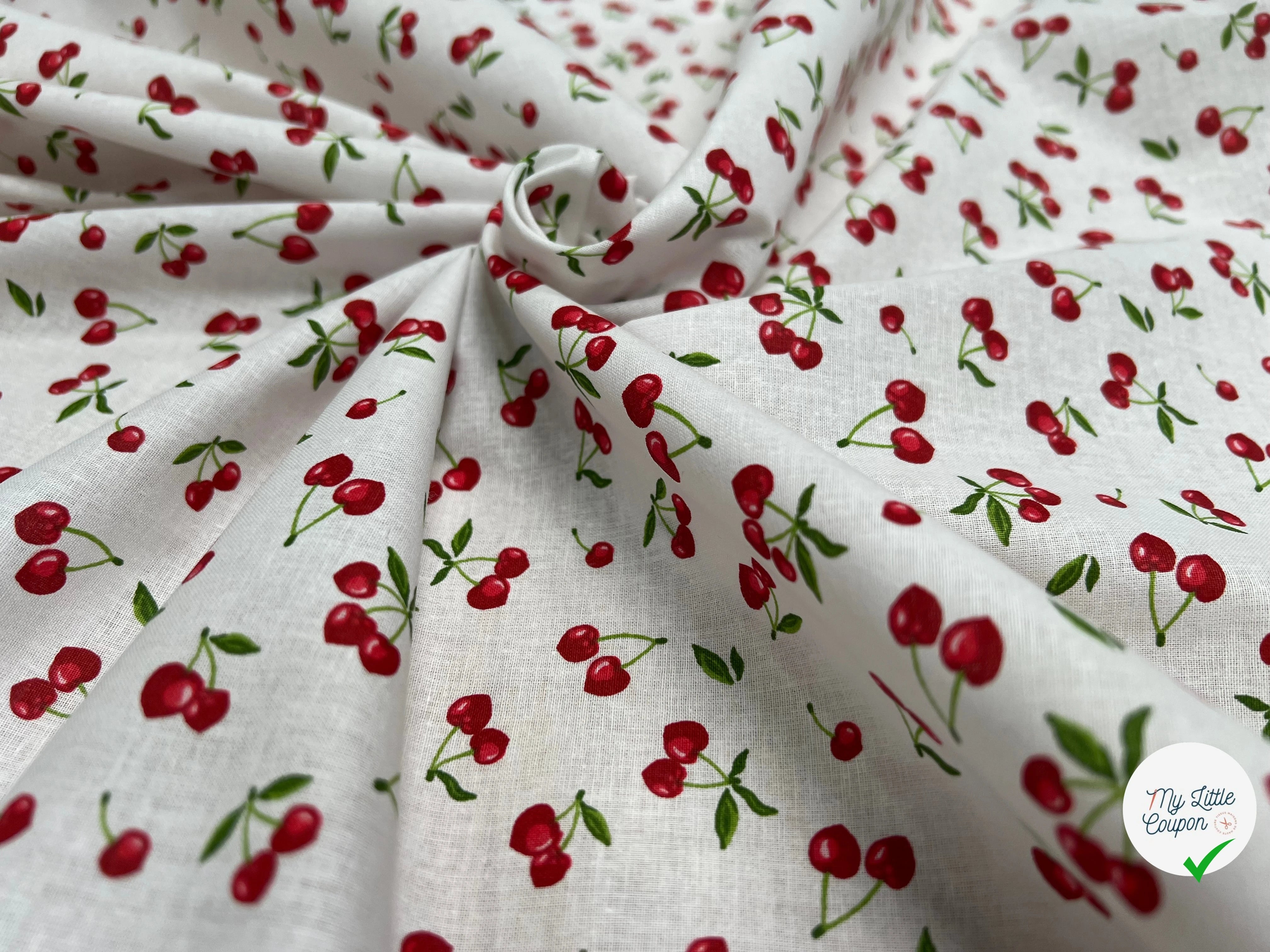 PERCALE DE COTON CERISES BLANC 150 CM - My Little Coupon